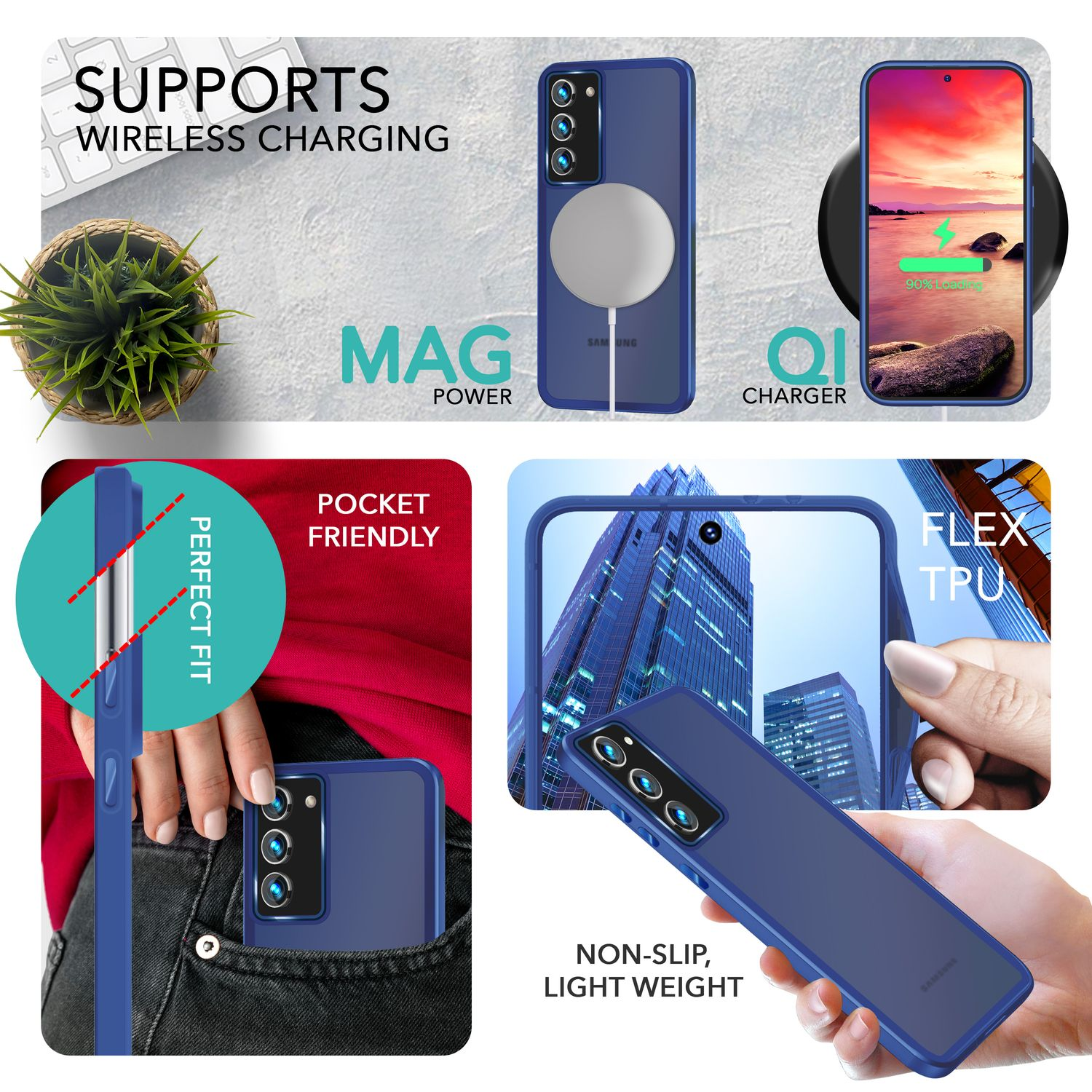 Eine blaue Handyhülle mit Telefon. Es gibt ein kabelloses Ladegerät und eine Grafik, die die Funktionen unterstützt.