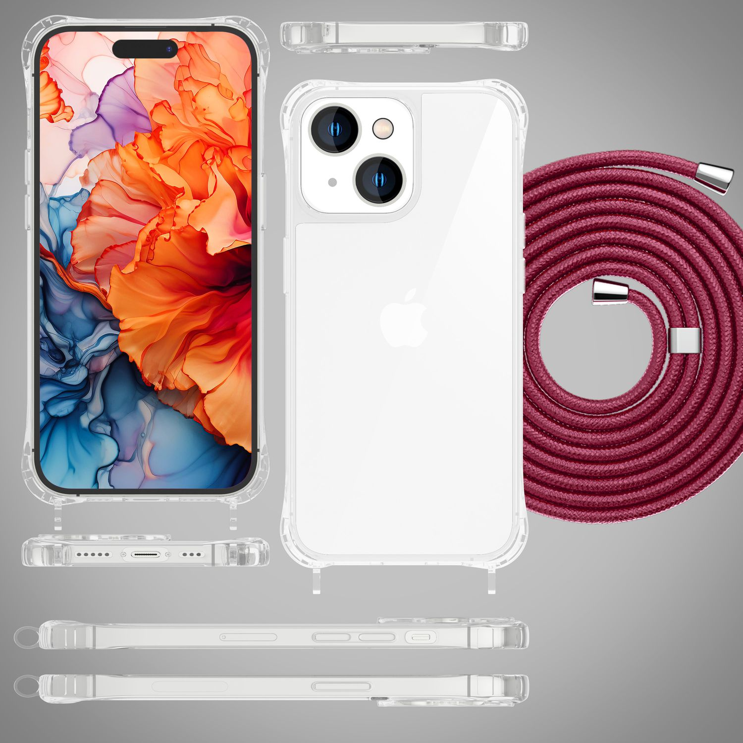 Custodia per telefono, viste multiple. iPhone con custodia trasparente e cordino. Dettagli del design della custodia.