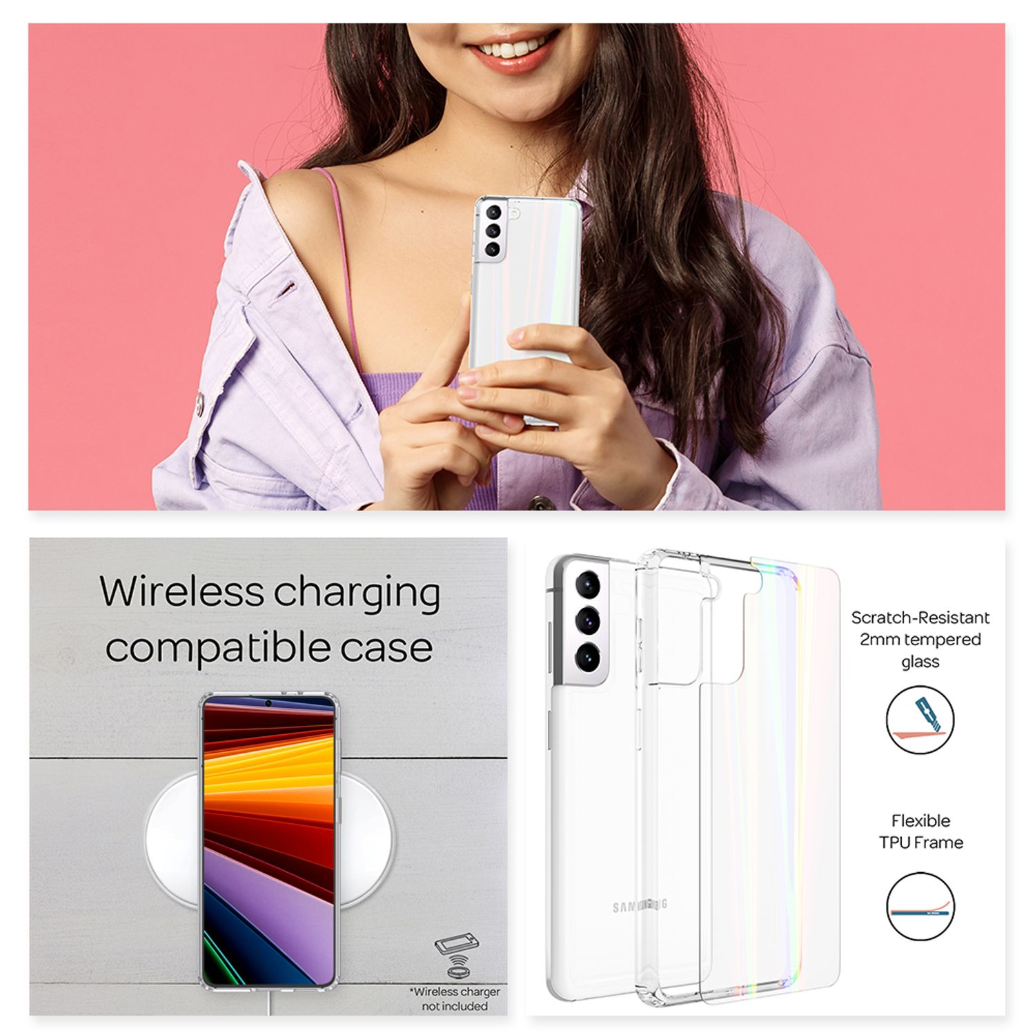 Eine Frau hält ein weißes Telefon, mit Produktfotos einer kompatiblen Hülle und Telefon.