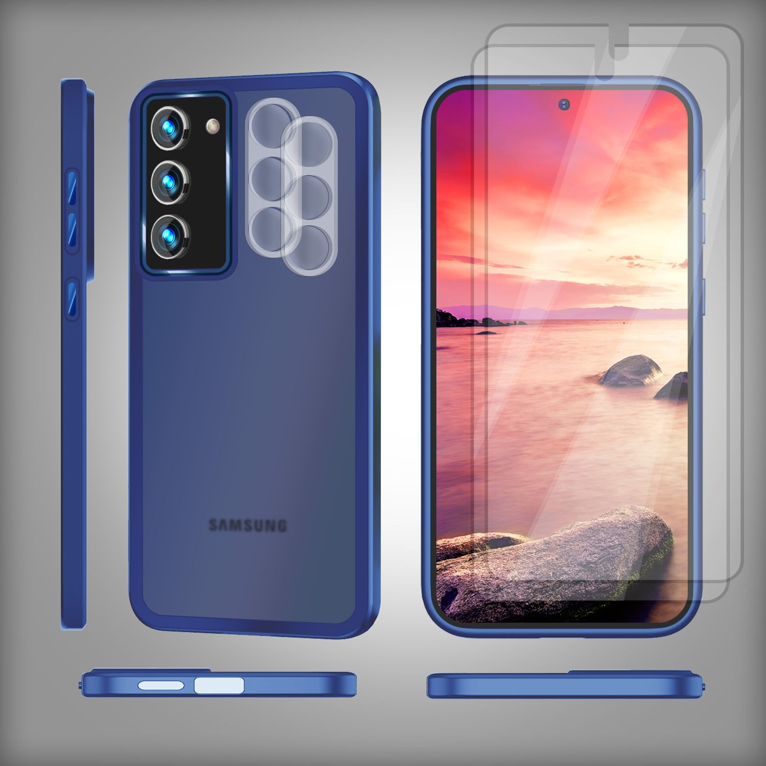 Smartphone mit blauem Gehäuse und Displayschutzfolie. Mehrere Ansichten zeigen das Telefon und Zubehör.