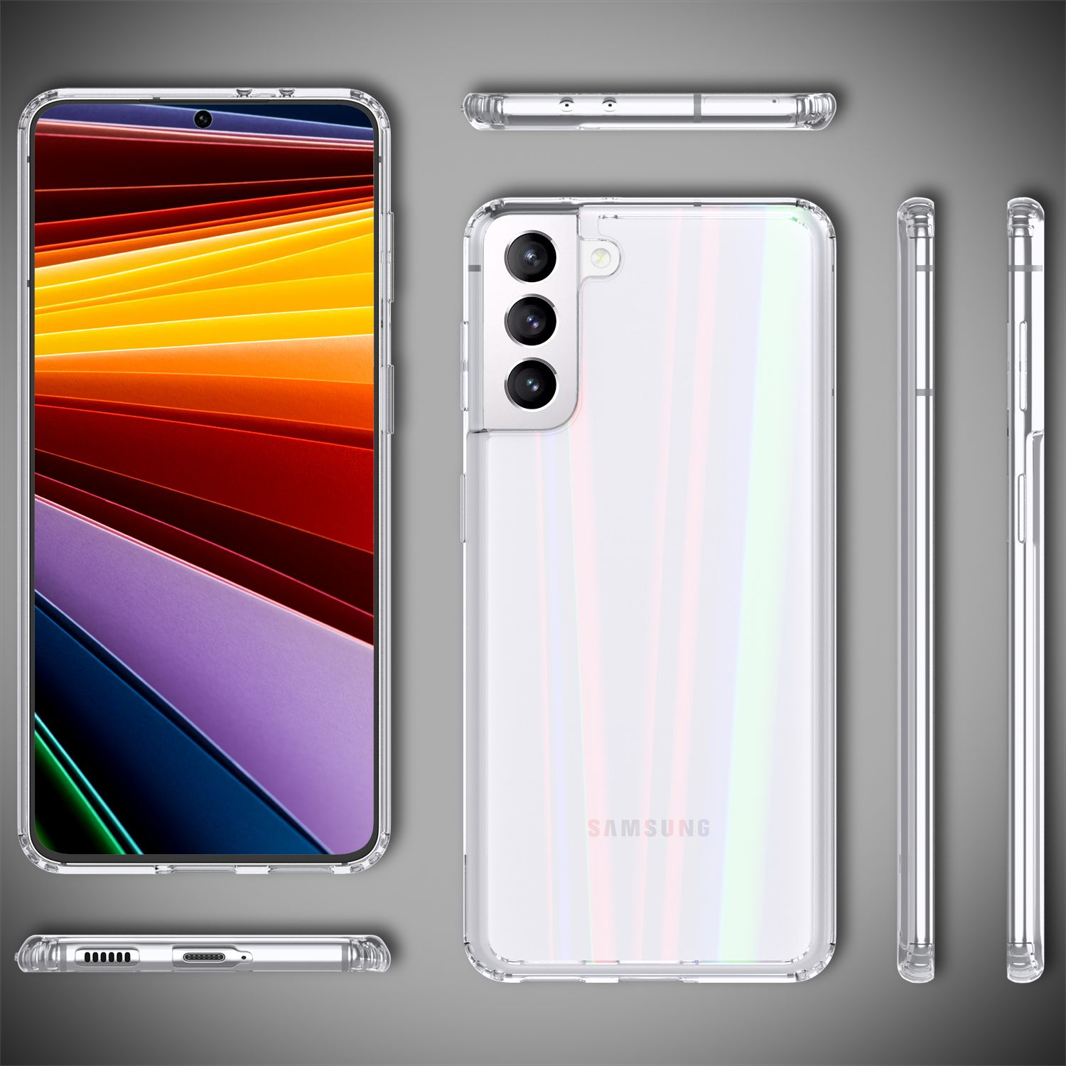 Ein Telefon in einer durchsichtigen Hülle, aus mehreren Blickwinkeln gezeigt. Der Bildschirm hat ein buntes Design.
