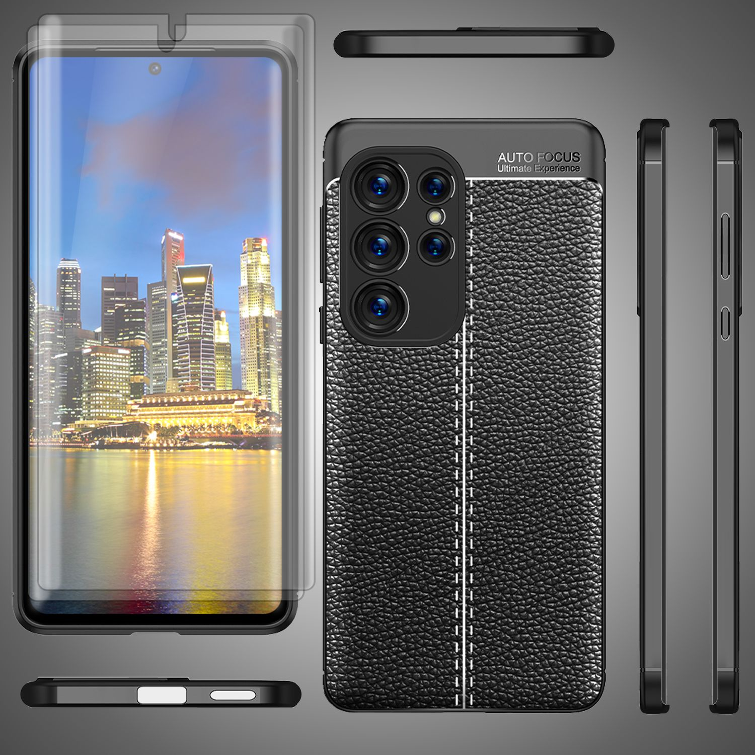 Schwarzes Telefon mit lederartiger Hülle, Displayschutz und verschiedenen Ansichten des Designs.