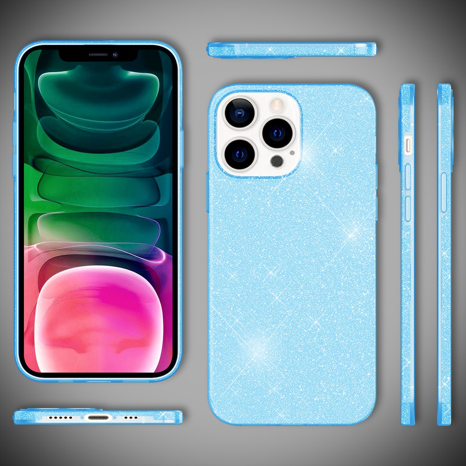 Eine blaue Glitzer-Handyhülle mit Telefon. Mehrere Ansichten der Hülle und des Telefons.