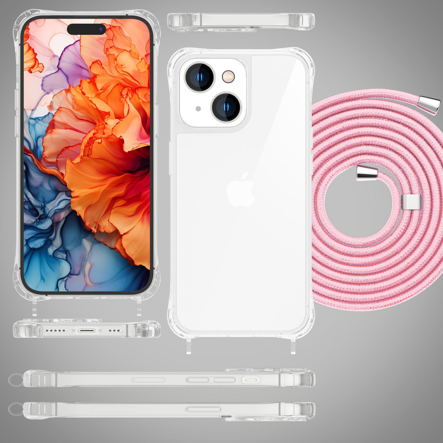 Handyhülle, mehrere Ansichten. iPhone mit durchsichtiger Hülle und pinkem Umhängeband. Details des Hüllendesigns.