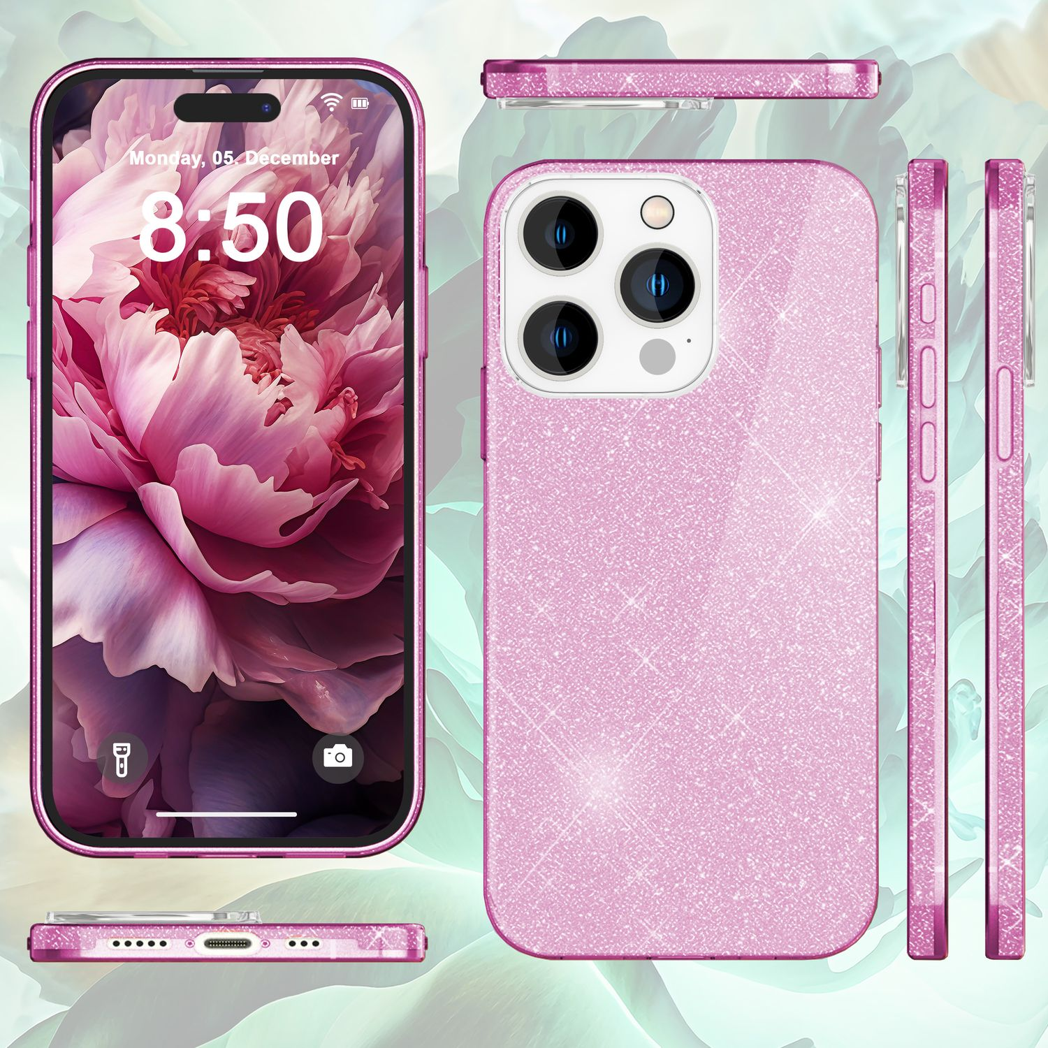 Pinke Glitzer-Handyhülle mit Digitaluhr, die 8:50 anzeigt. Mehrere Winkel des Telefons.