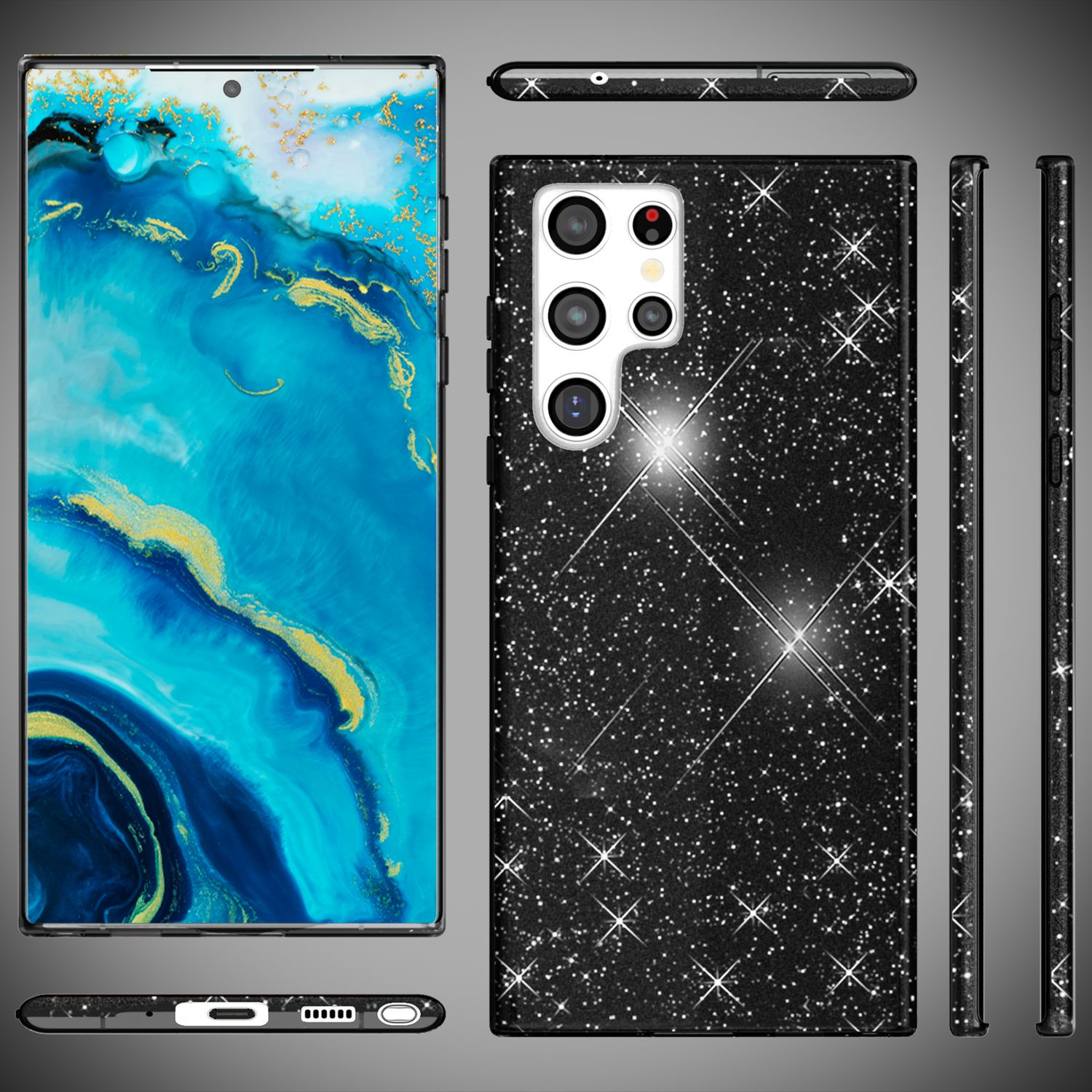 Schwarze Handyhülle mit glitzerndem Design. Telefon und Hülle werden aus mehreren Winkeln gezeigt.
