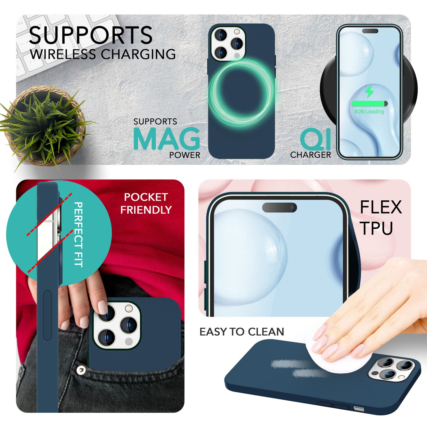 Blaue Handyhülle mit Handy, auf weißer Oberfläche. Unterstützt kabelloses Laden. Taschenfreundlich und leicht zu reinigen.