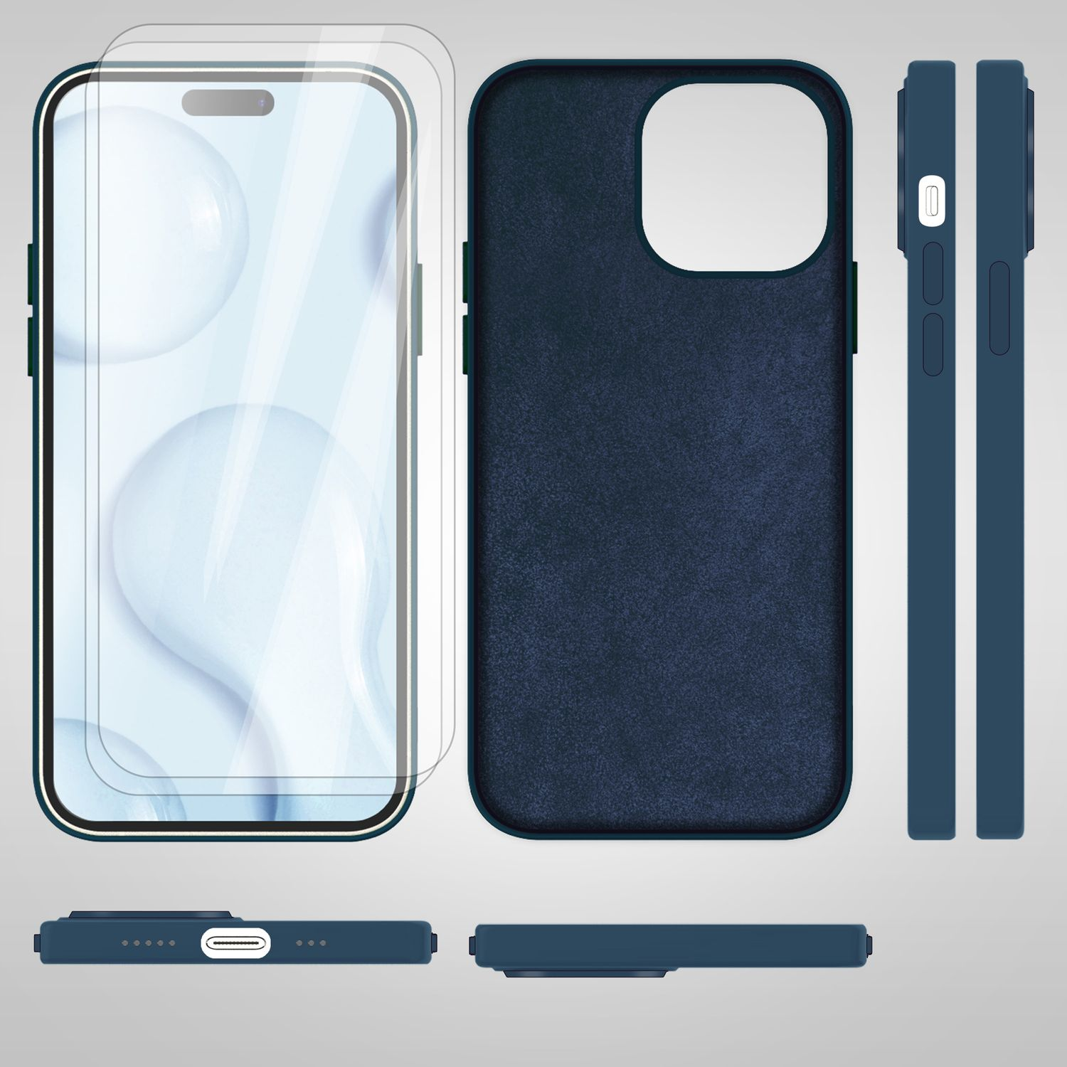 Blaue Handyhülle und Displayschutzfolie. Telefon, Hülle und Schutzfolie werden aus mehreren Winkeln gezeigt.