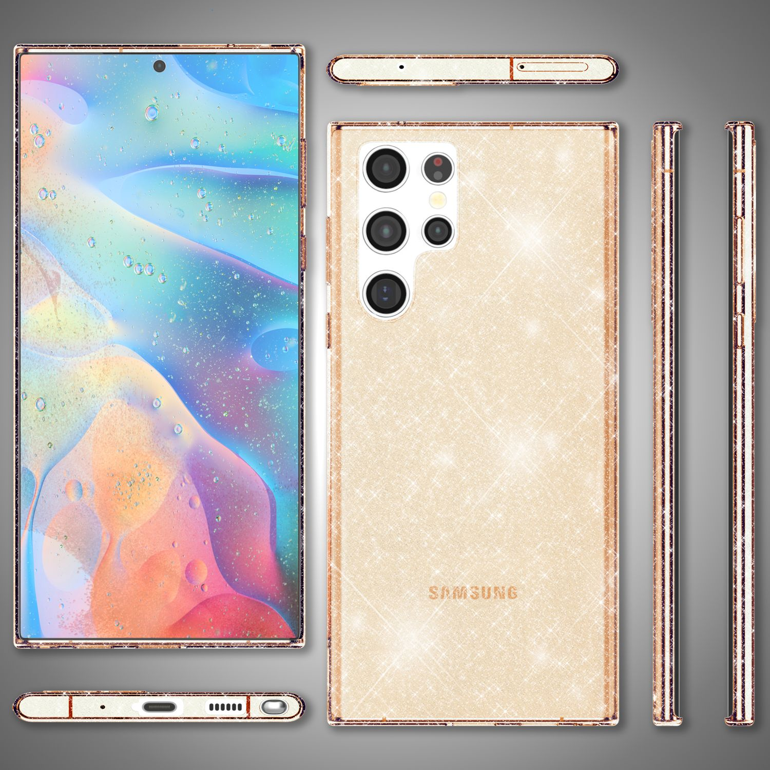 Handyhülle auf einem Telefon und Seitenansichten des Telefons, alles goldfarben glitzernd.