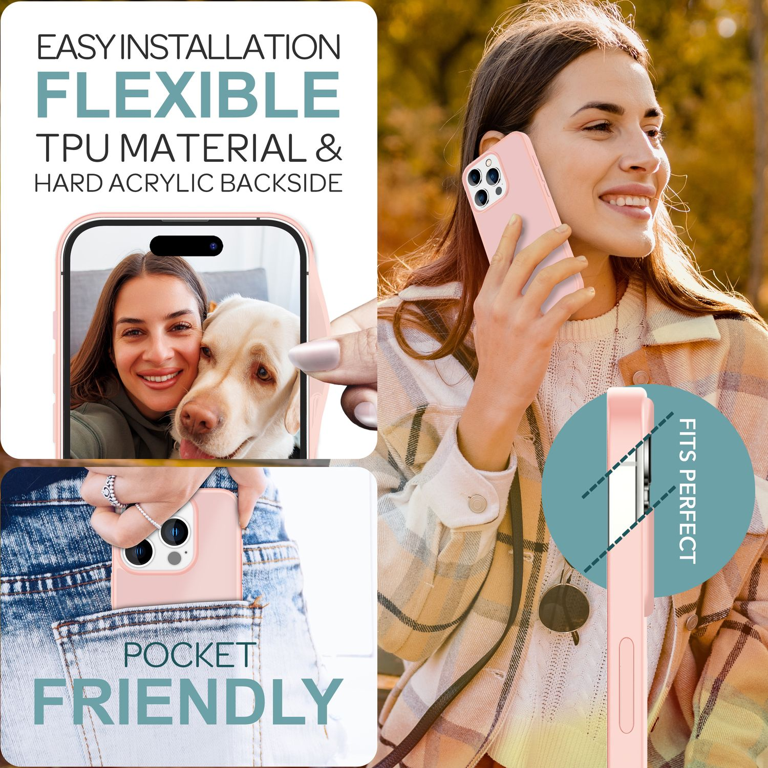 Mujer al teléfono, con funda rosa. Teléfono en el bolsillo. Sonriendo, con perro y texto.