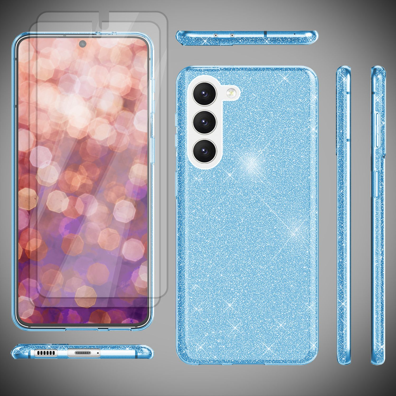 Handyhülle mit Telefon, mit Displayschutz und mehreren Ansichten des Telefons. Blauer Glitzer.