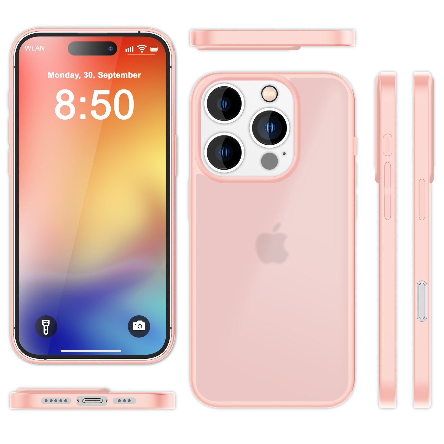 Funda de teléfono rosa mostrada desde múltiples ángulos, mostrando la pantalla del teléfono y puertos.