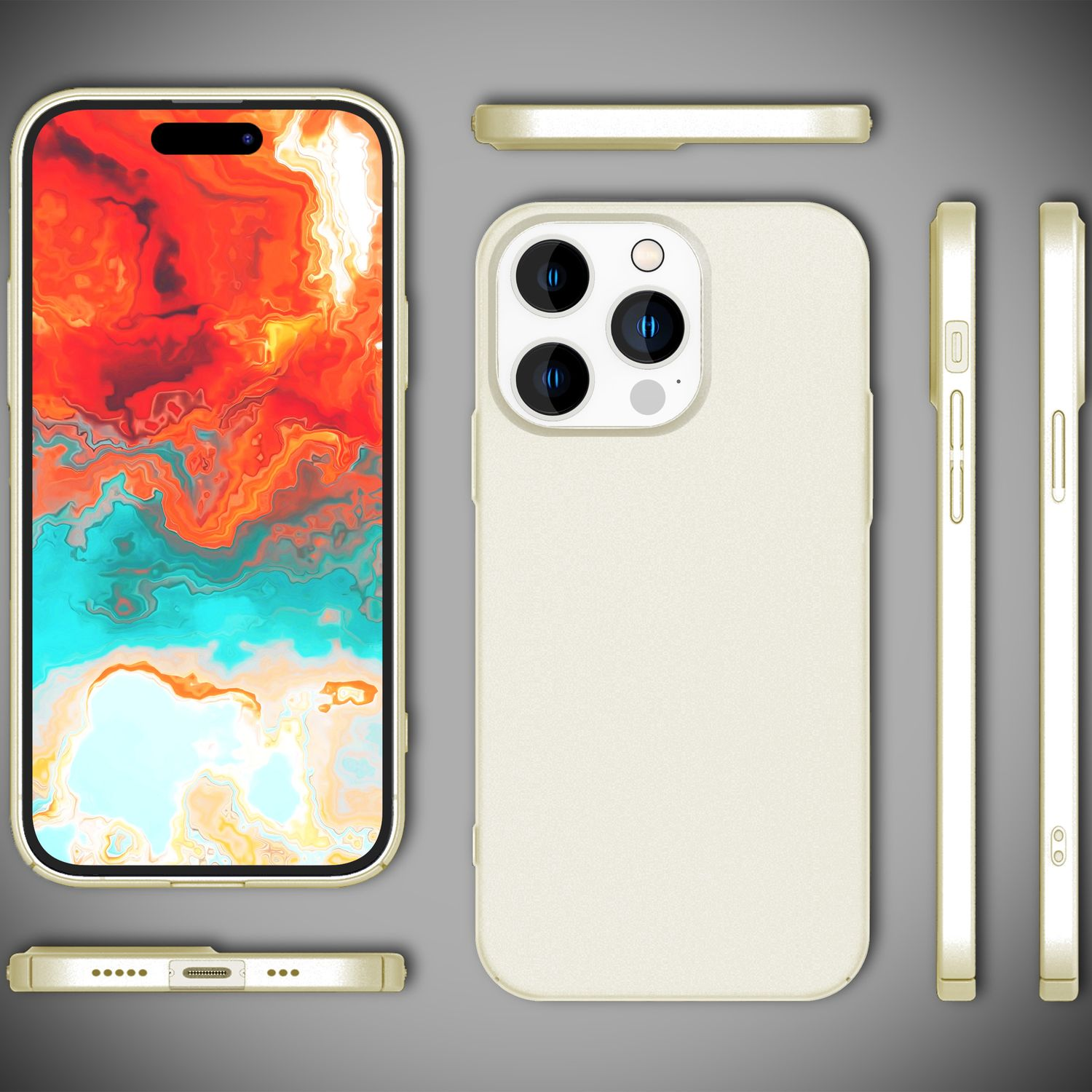 Handyhülle auf dem Telefon, mit Seiten- und Draufsichten des Telefons, alles mit goldenen Akzenten.