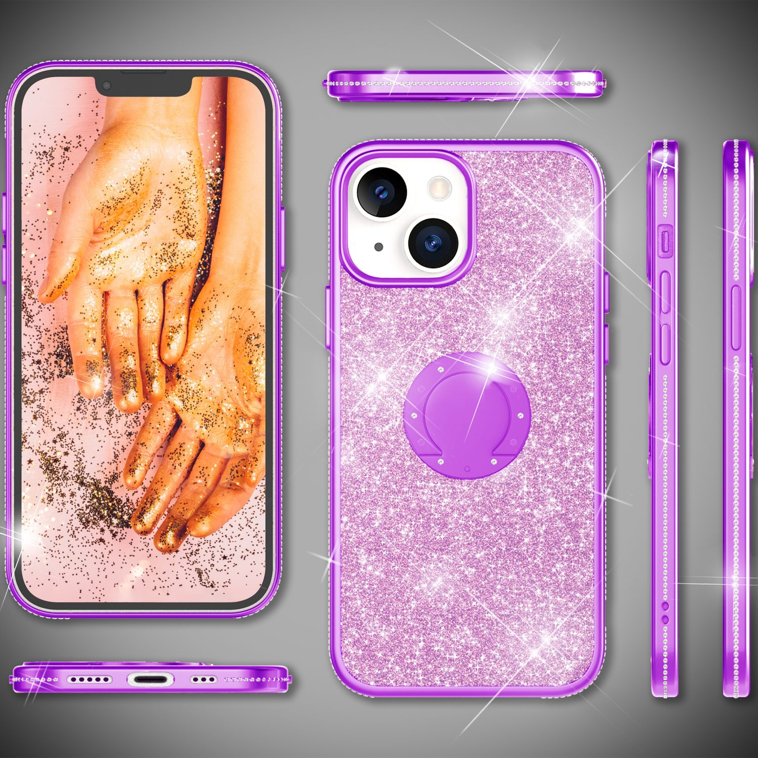 Funda de teléfono con purpurina morada con soporte de anillo, mostrada desde múltiples ángulos.