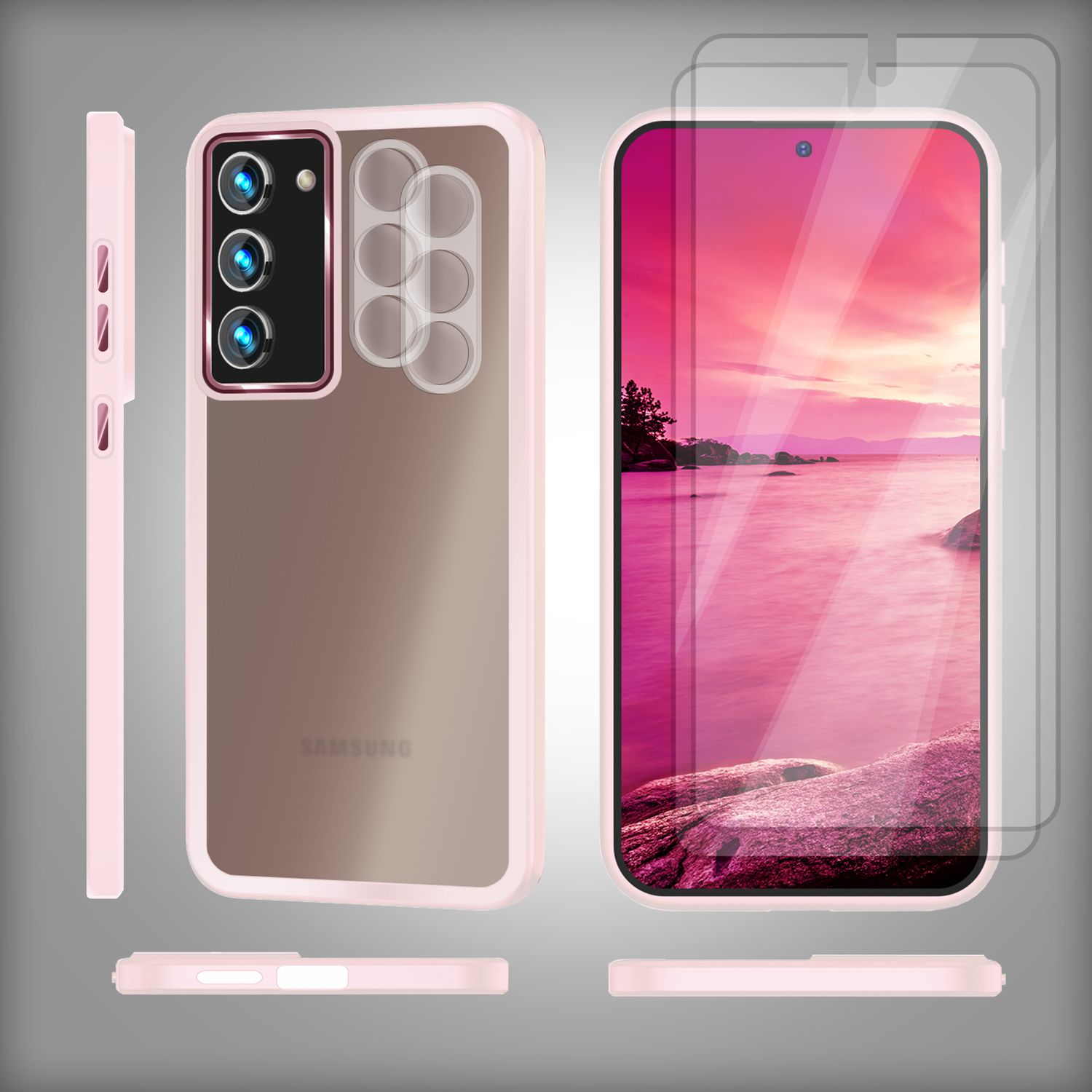 Rosa Handyhülle mit Telefon und Displayschutzfolie. Transparente Rückseite.