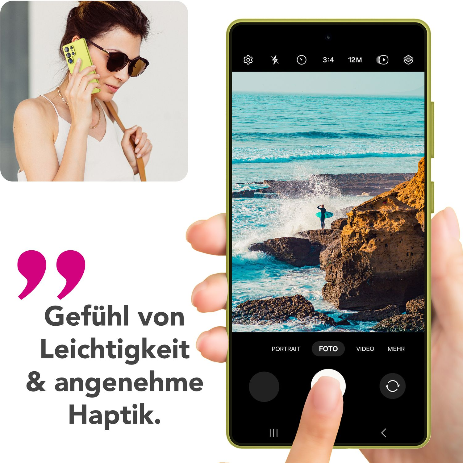 Frau telefoniert, Telefon zeigt Strandfoto, Textüberlagerung.