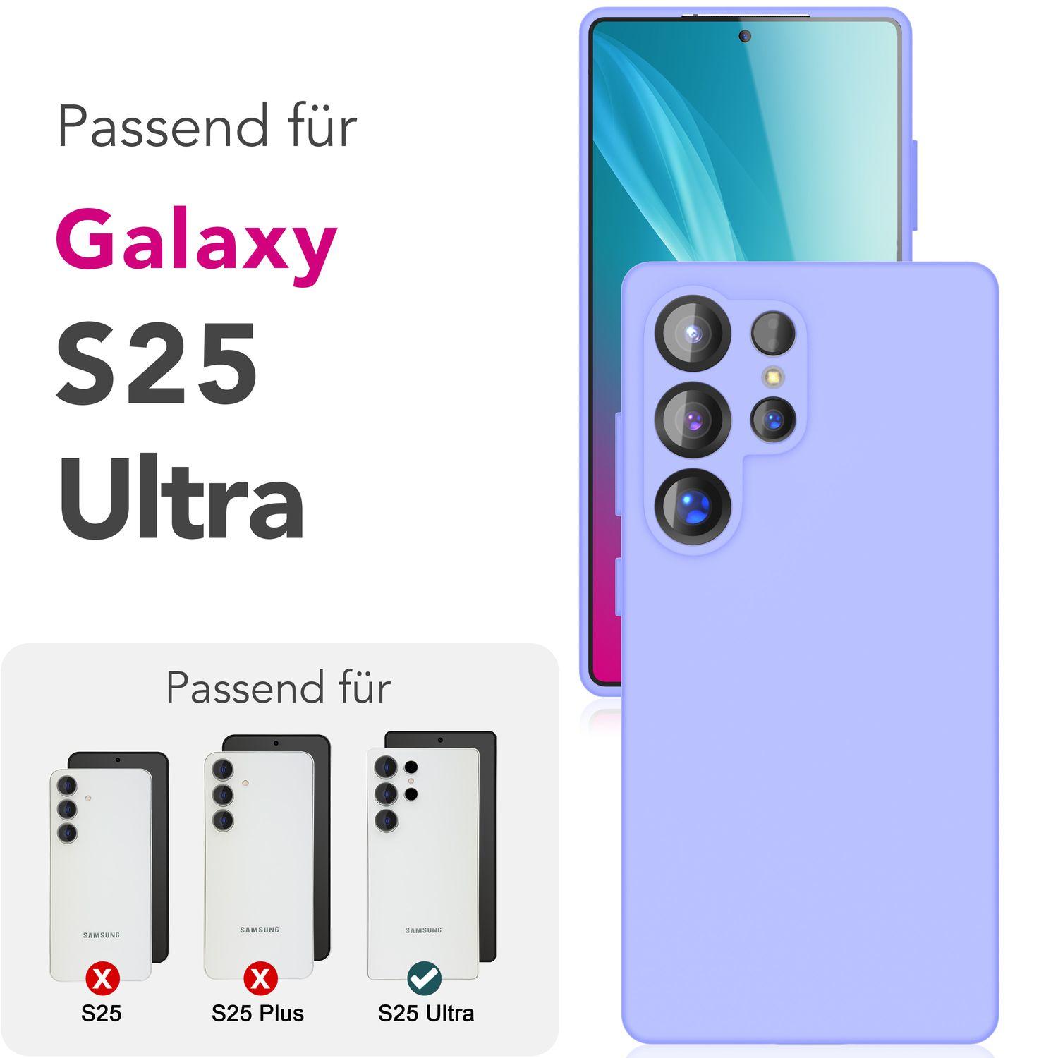 Handyhülle mit blauem Telefon. Text: Galaxy S25 Ultra. Kompatible Modelle gezeigt.