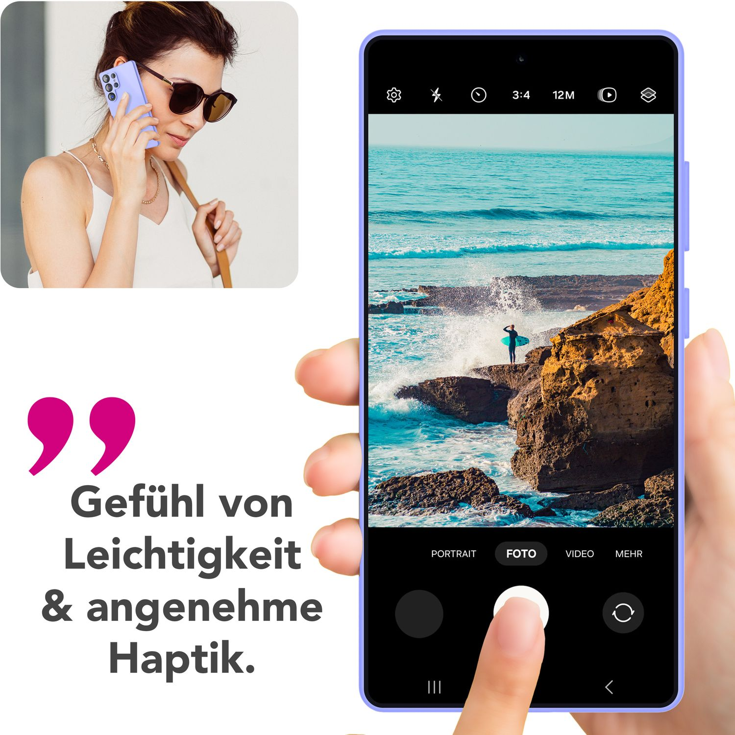 Eine Frau, die mit einem Telefon ein Bild vom Meer macht. Text: Gefühl von Leichtigkeit.