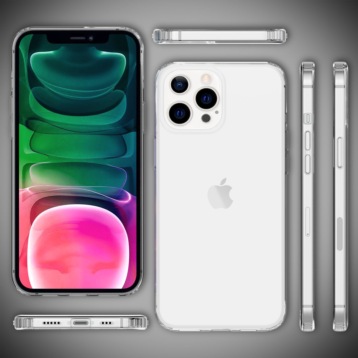 Transparente Handyhülle mit Apple-Logo. Alle Seiten des Telefons werden angezeigt.