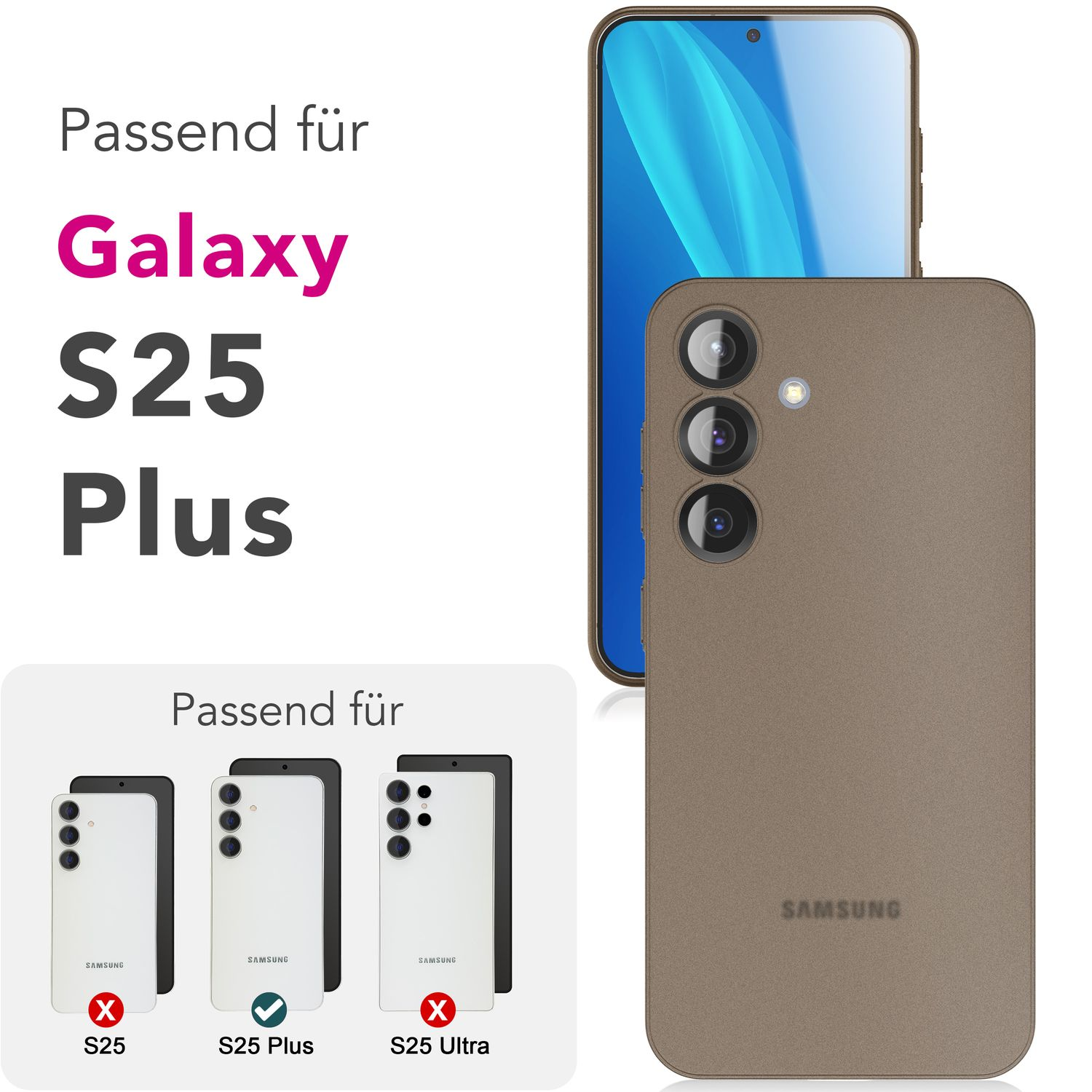 Braune Handyhülle für Galaxy S25 Plus, mit kompatiblen Handys.