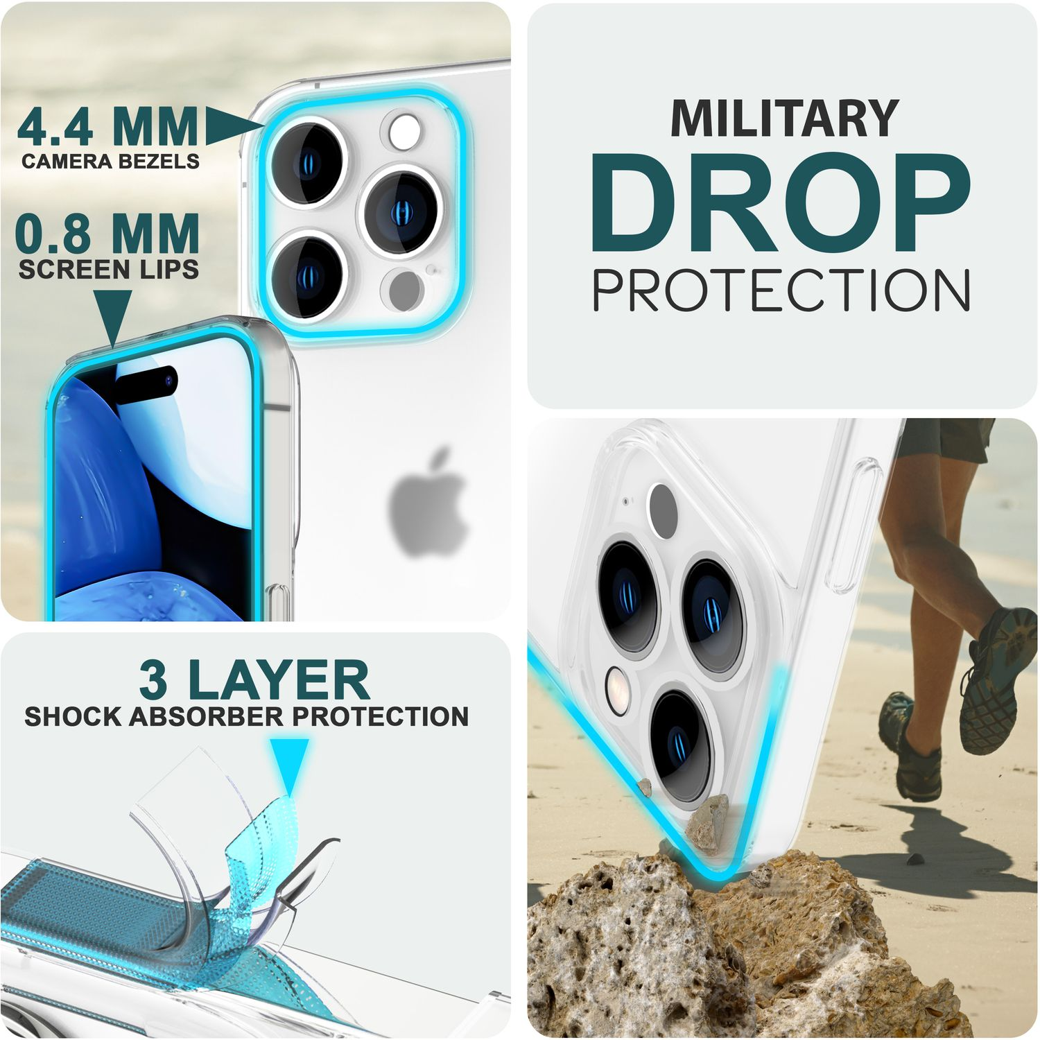 Coque transparente avec protection de caméra. Texte 'Military Drop Protection' et '3 couches'.