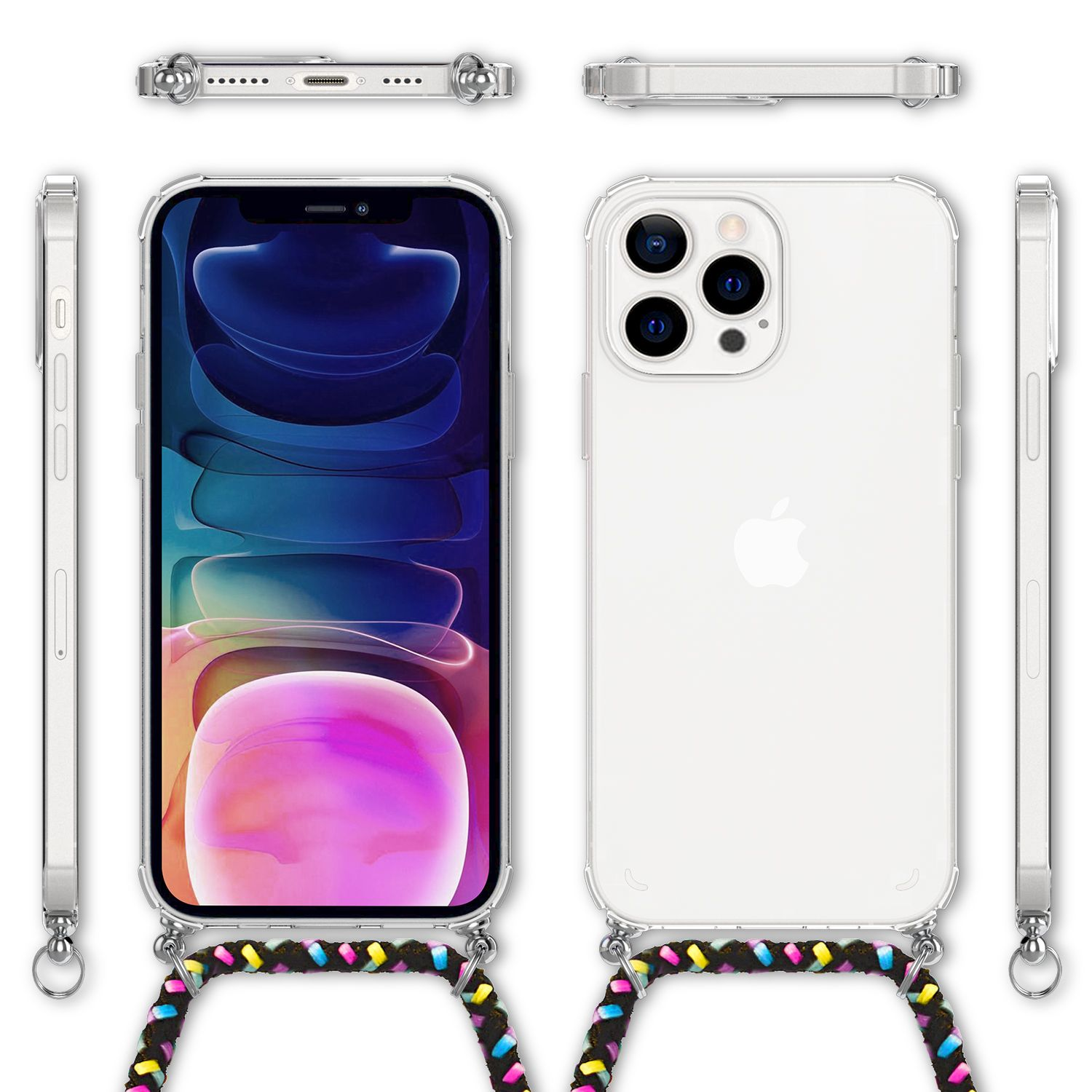 Transparente Handyhülle an einem Telefon mit Kordel. Das Telefon hat eine weiße Rückseite, mit Apple-Logo.