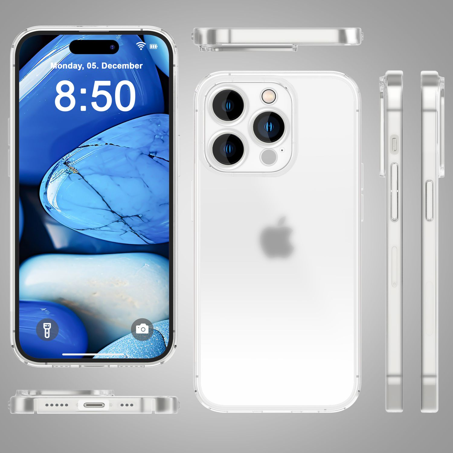 Coque transparente avec l'heure et un fond bleu. Tous les angles sont affichés.