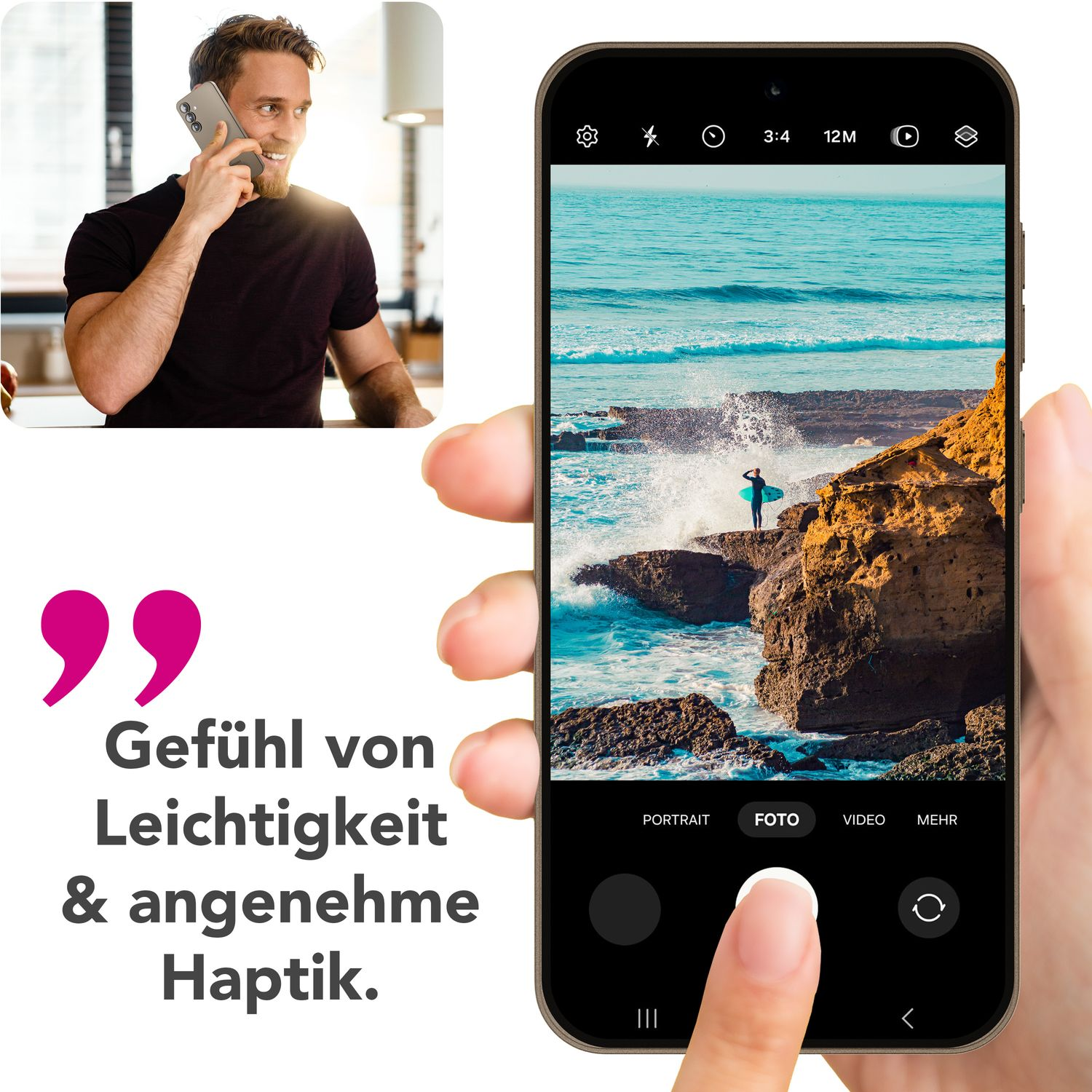 Ein Mann telefoniert. Ein Telefonbildschirm zeigt ein Bild mit ausgewählter Fotooption.