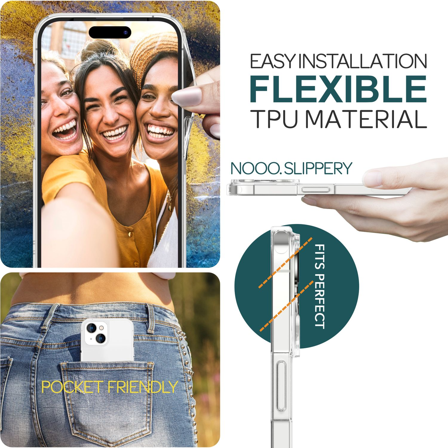 Drei Frauen machen ein Selfie. Eine transparente Handyhülle wird neben dem Telefon in einer Tasche angezeigt.