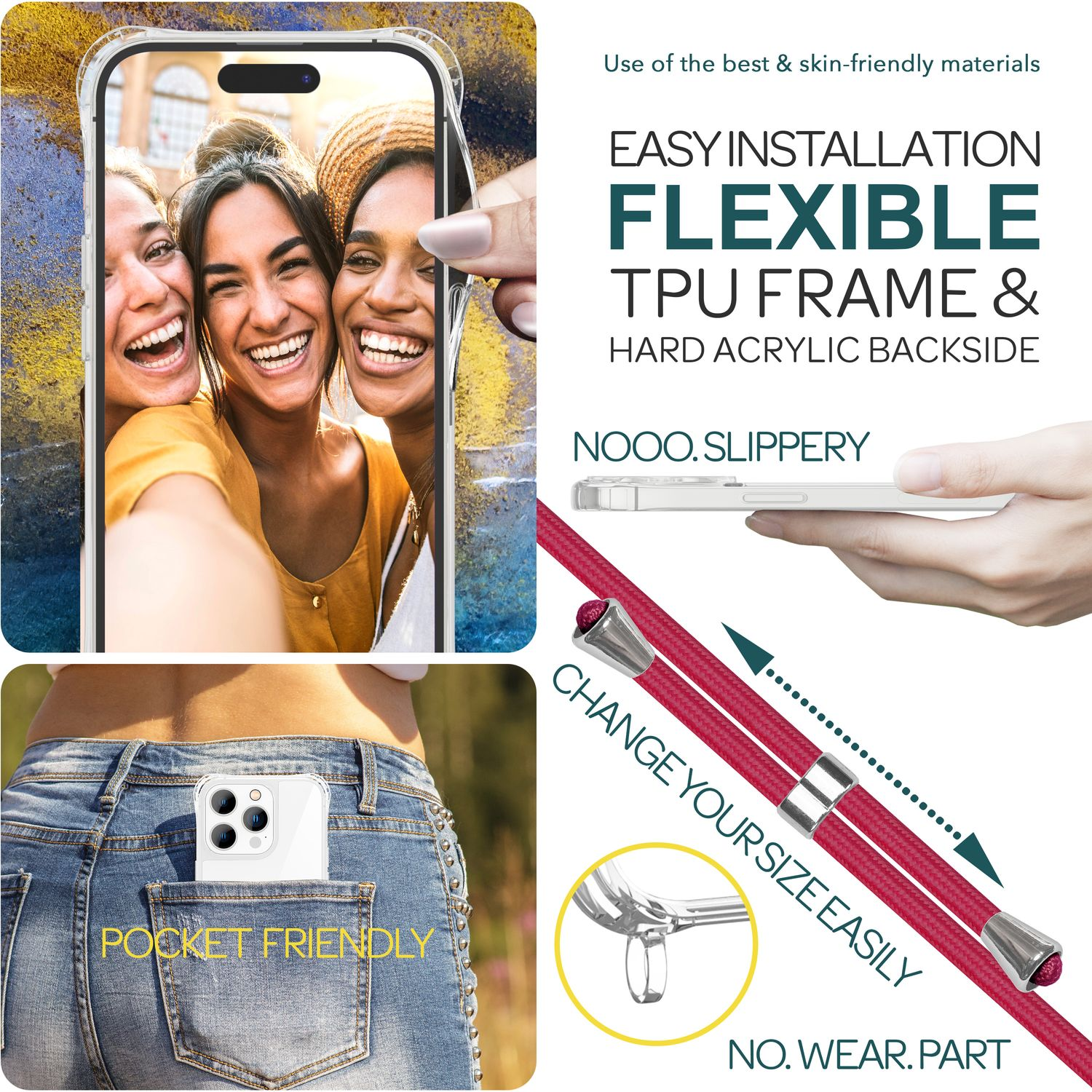 Transparente Handyhülle mit Selfie-Foto, Hosentaschenfreundlich und Größenanpassung.