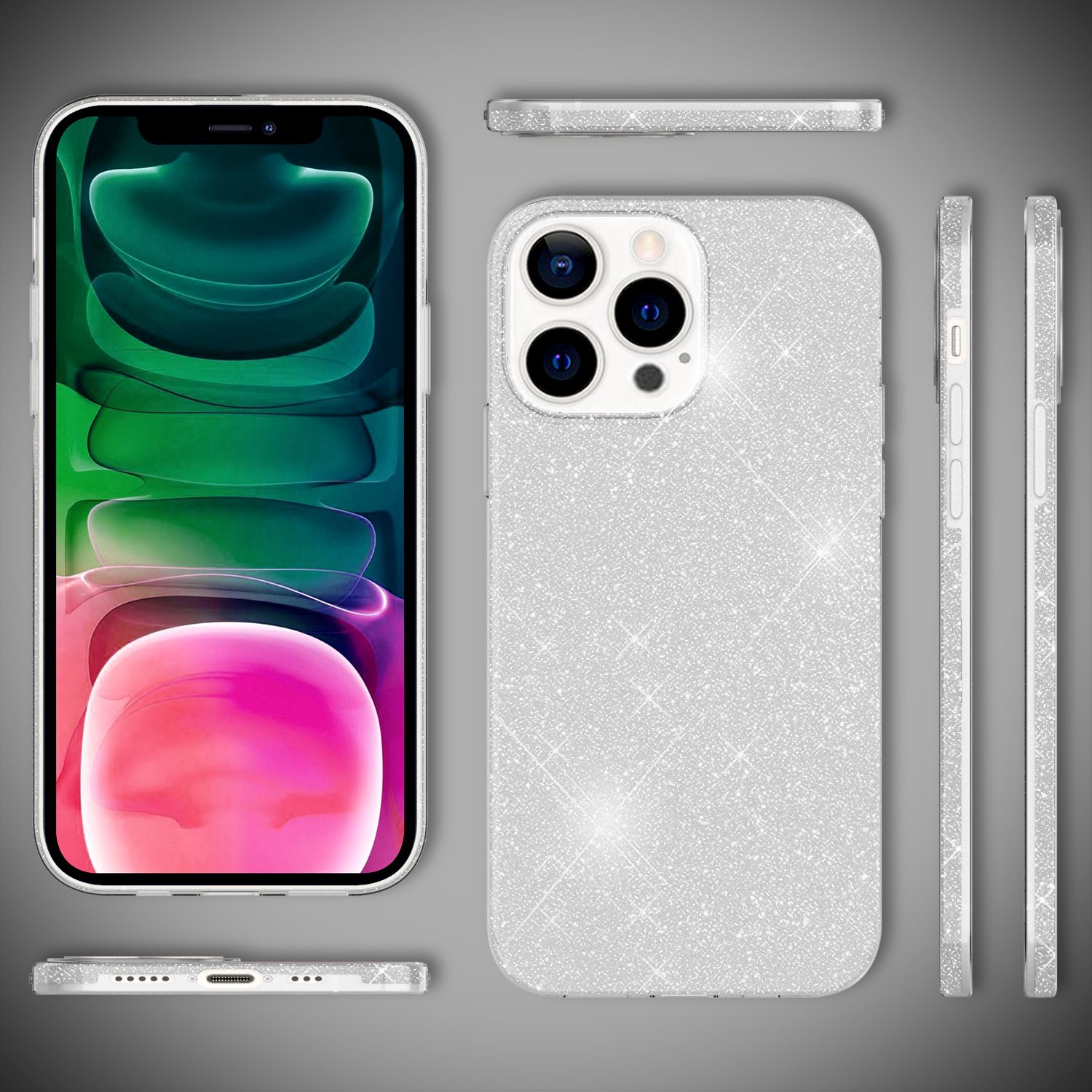 Weiß glitzernde Handyhülle und Telefon. Mehrere Ansichten des Telefons mit Hülle.