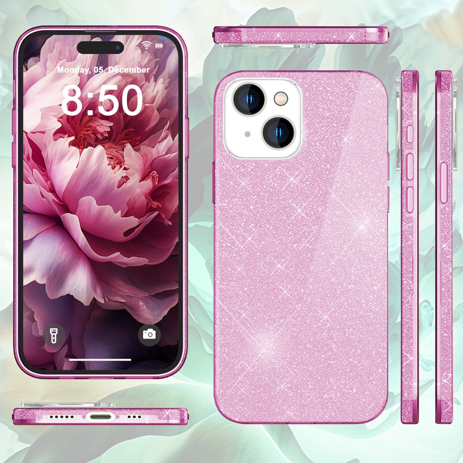 Rosa glitzernde Handyhülle und Telefon. Mehrere Ansichten des Telefons mit Hülle.