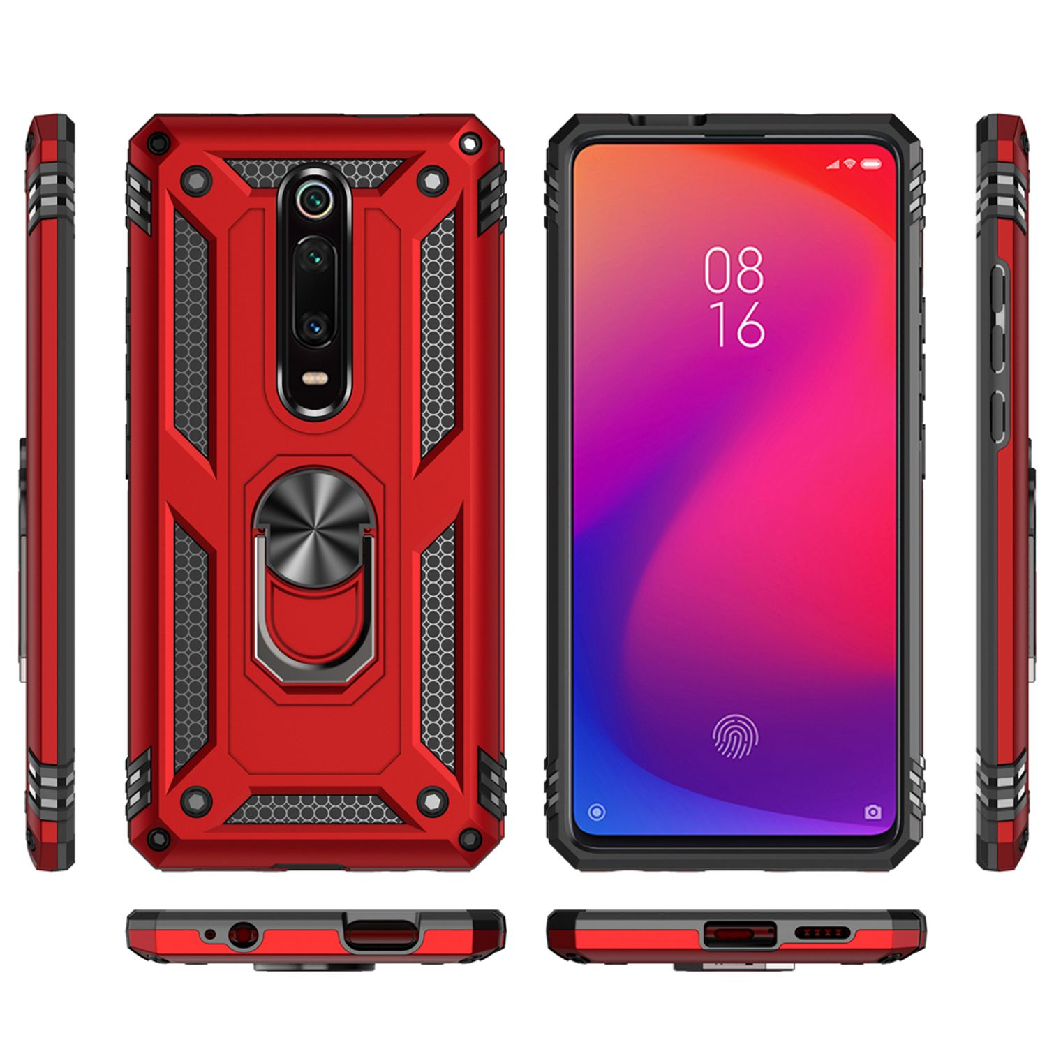 Rote Handyhülle mit Ringhalter. Das Telefon ist schwarz mit großer Kamera.