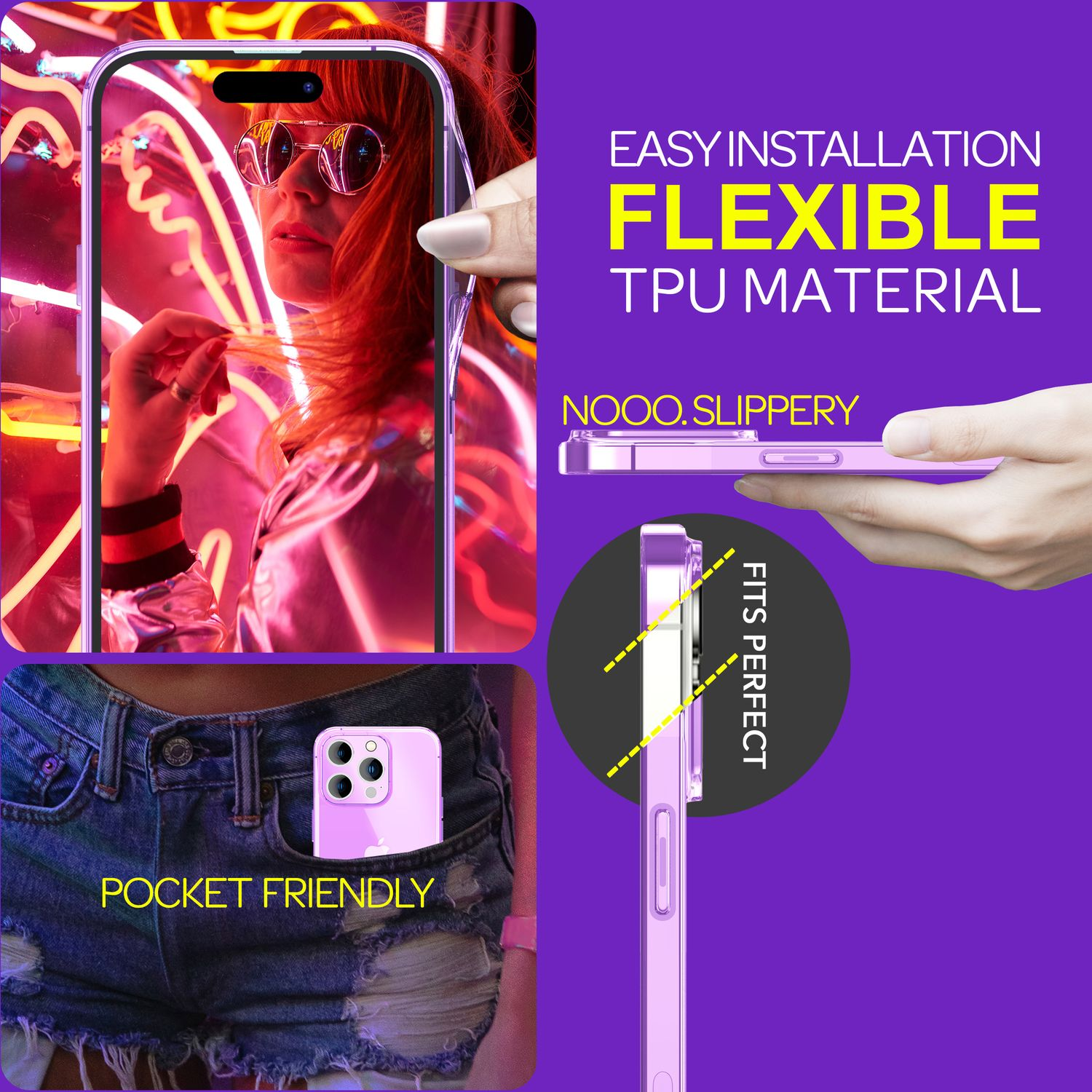 Telefono in custodia, viste multiple. Testo: Tascabile, si adatta perfettamente, facile installazione, materiale TPU flessibile.