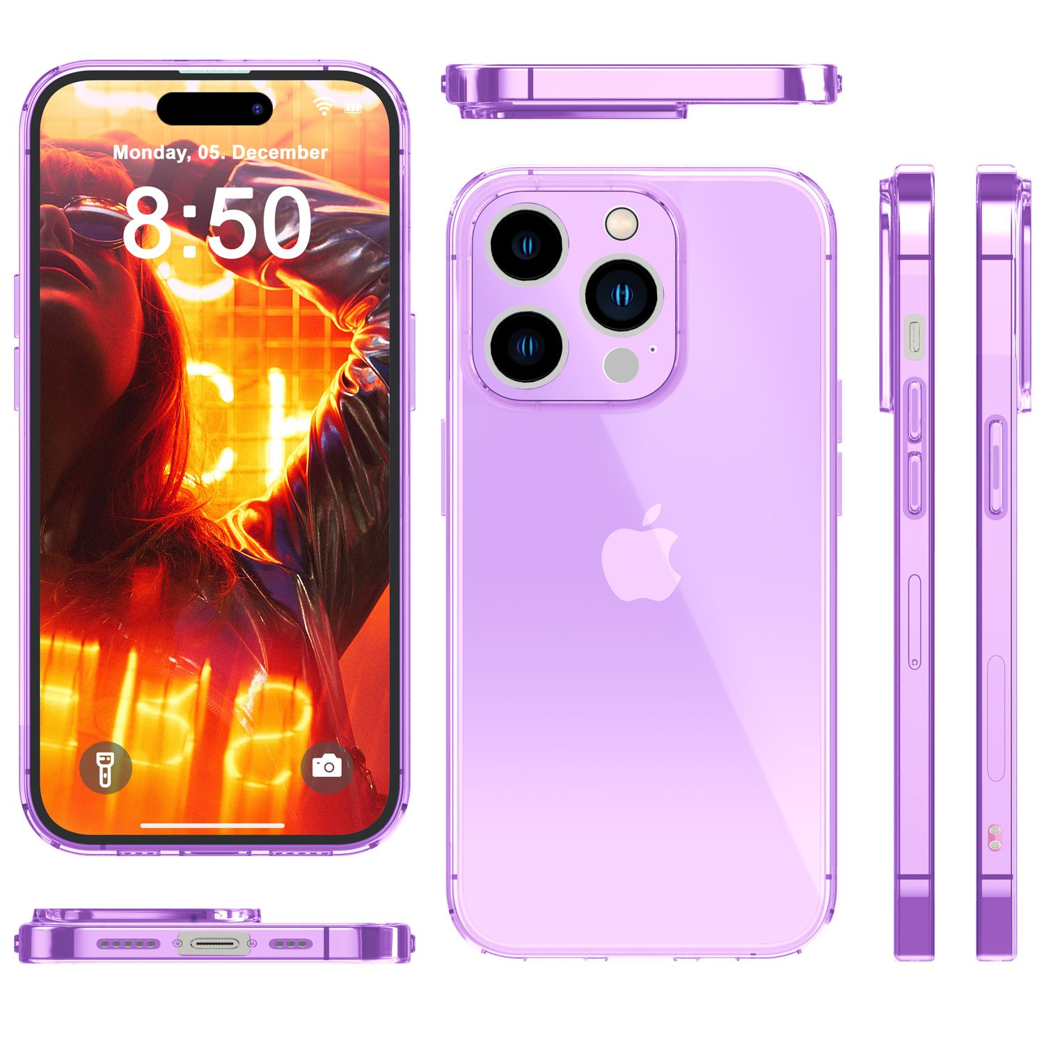Custodia e telefono viola. Diverse viste del telefono con custodia. Il telefono è acceso.
