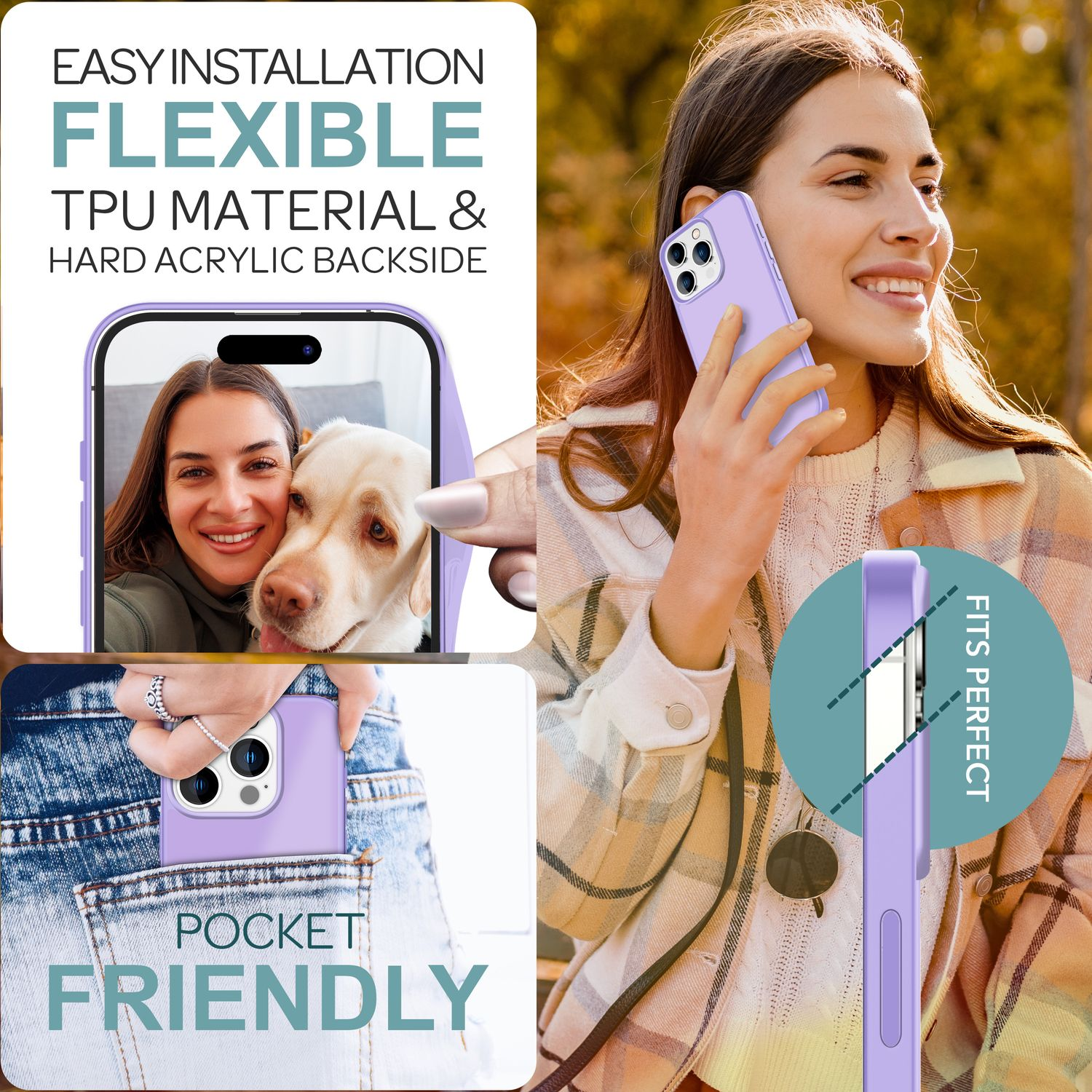 Eine Frau beim Telefonieren mit einer Handyhülle und einem Telefon in der Tasche, mit Bildern.
