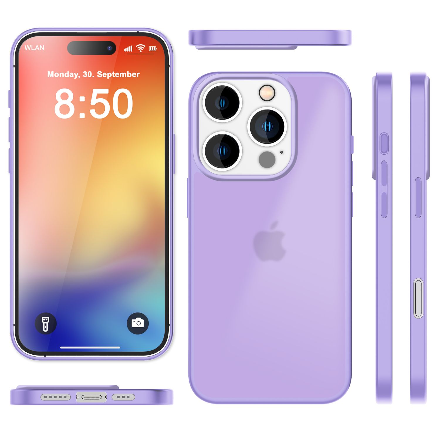 Lila Handyhülle und Telefon. Das Telefon zeigt die Uhrzeit und das Datum an.
