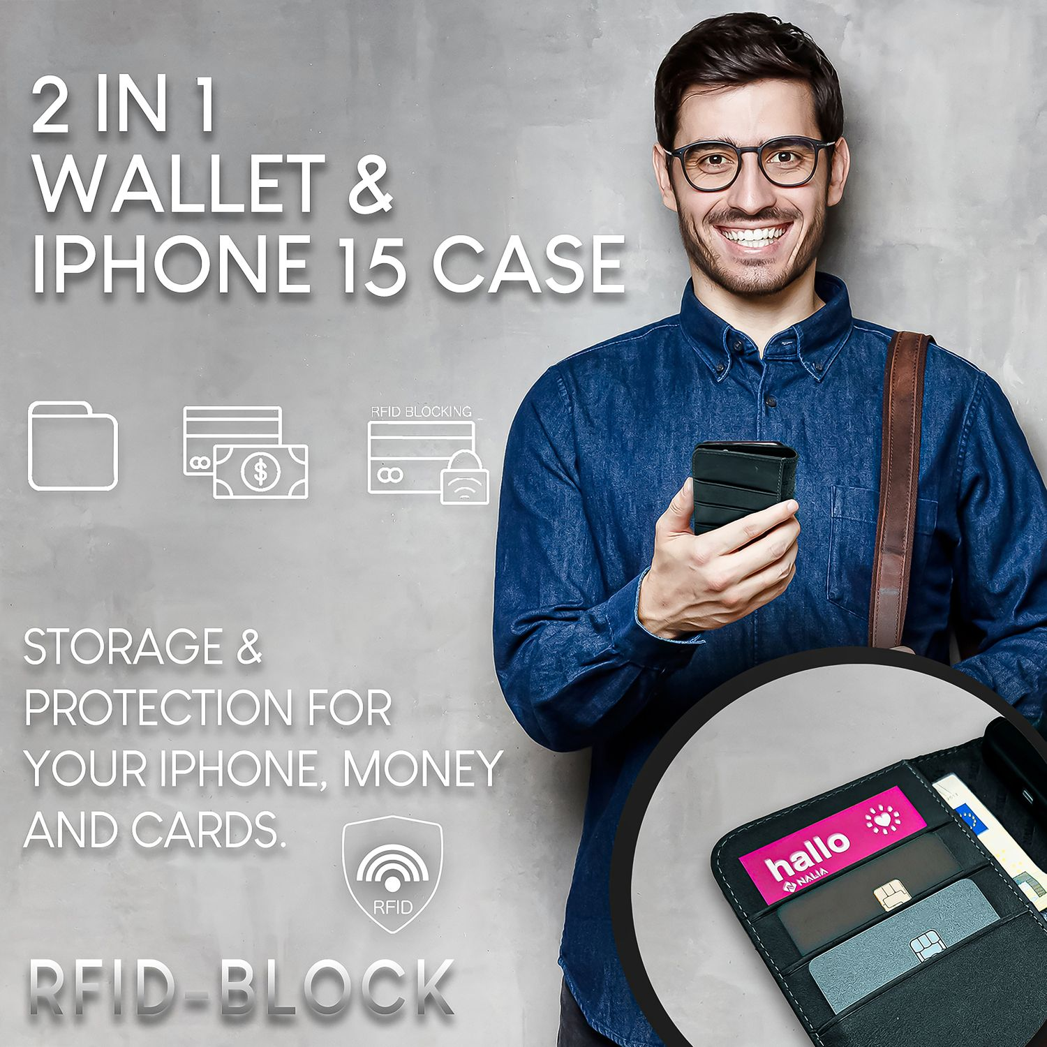 Mann lächelt, hält Handyhülle und Portemonnaie mit Karten. Text erwähnt Stauraum und RFID-Block.