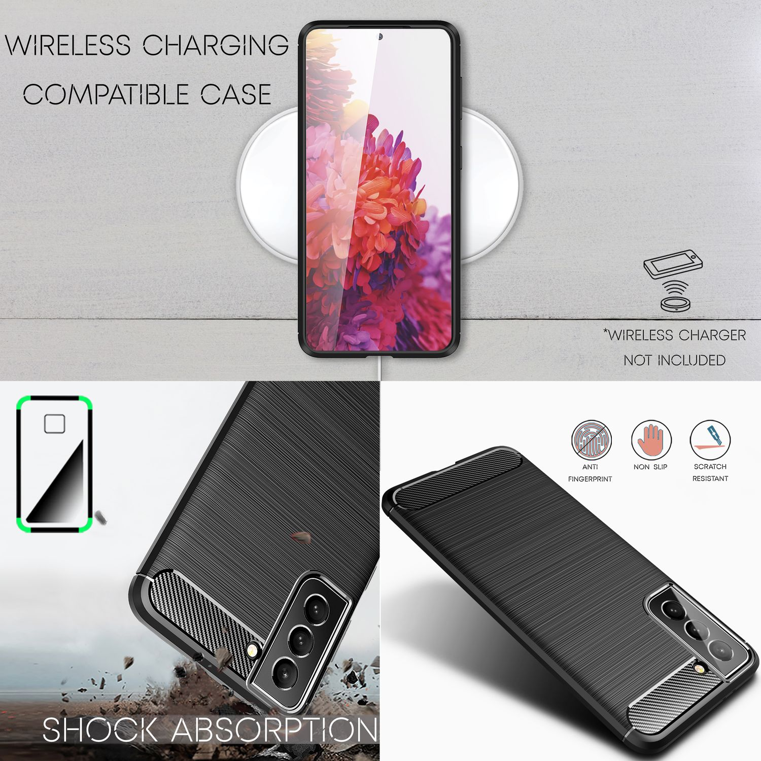 Un telefono in una custodia nera, che mostra un caricabatterie wireless e il testo: “assorbimento degli urti”.