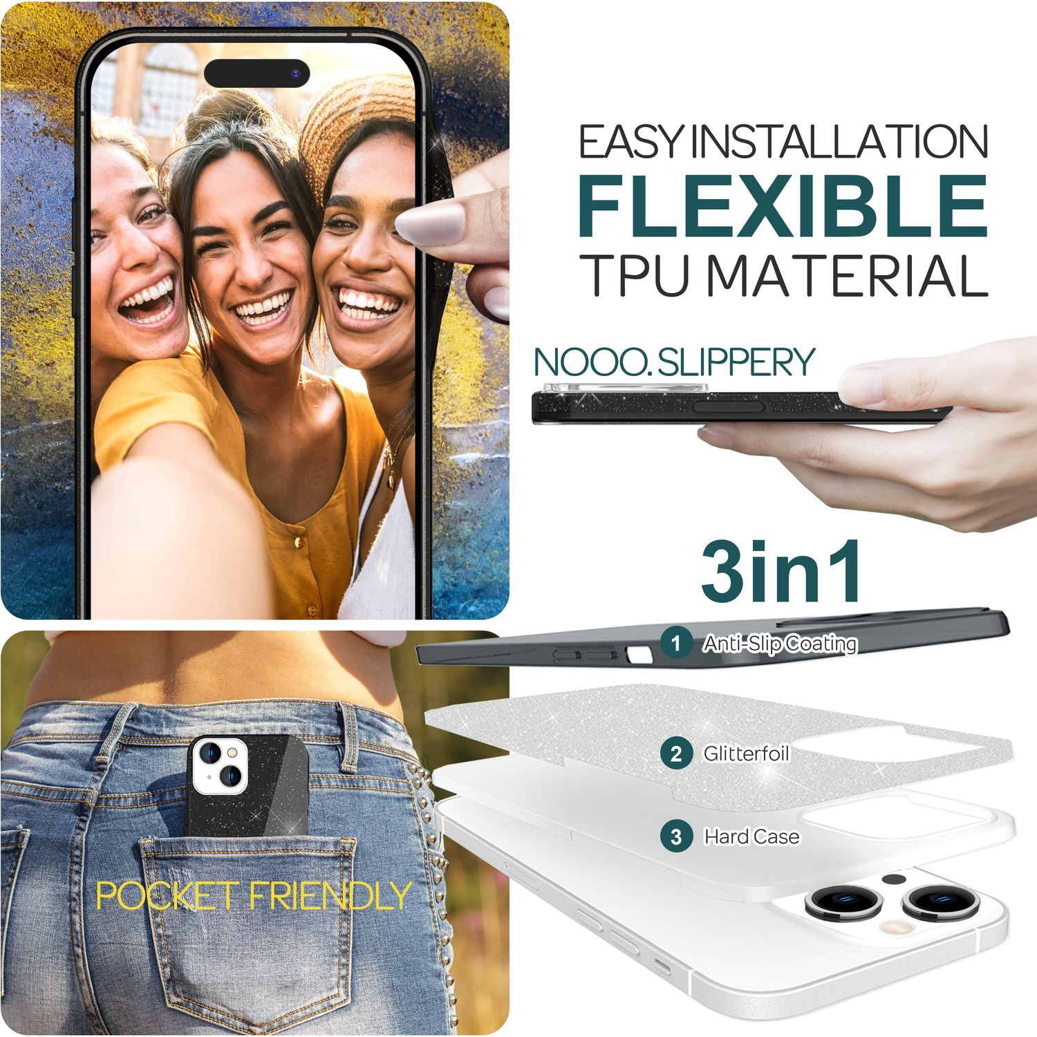 Ein Telefon in einer Tasche, eine Frau hält ein Telefon mit einem Selfie, eine 3-in-1-Hülle mit Glitzer.