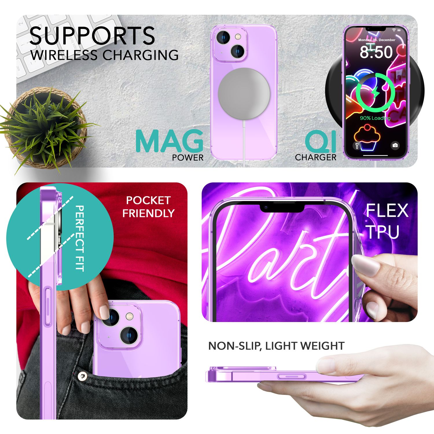 Una funda morada, cargador inalámbrico y un teléfono en un cargador, con superposiciones de texto.