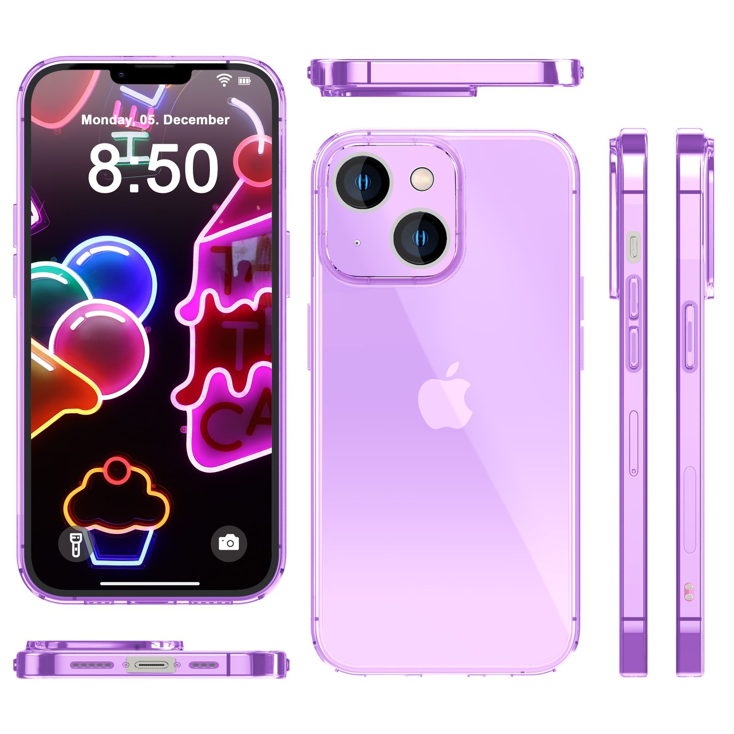 Una funda de teléfono morada con un iPhone dentro. Muestra el teléfono desde diferentes ángulos.