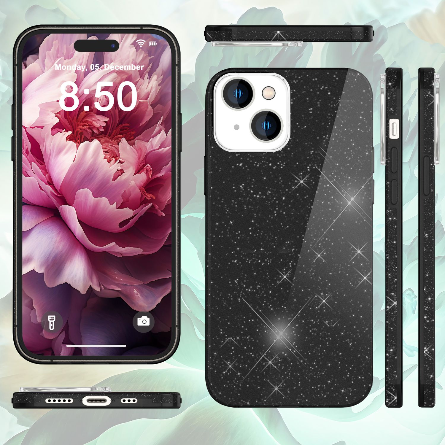 Schwarze Handyhülle mit Sternenmuster, mit Telefon mit floralem Display gezeigt.