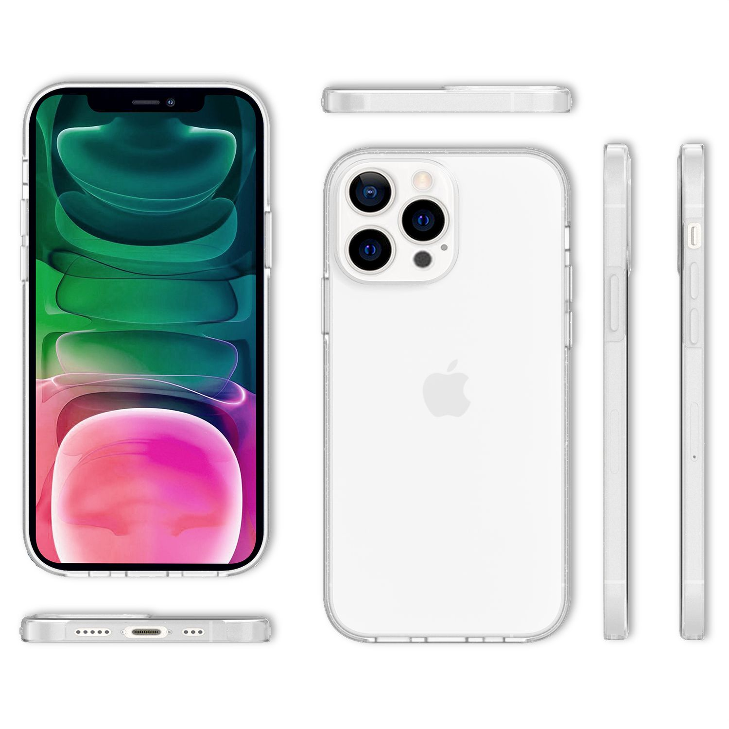 Eine Handyhülle mit einem Telefon darin, aus verschiedenen Blickwinkeln gezeigt. Es ist transparent mit einem Telefon darin.