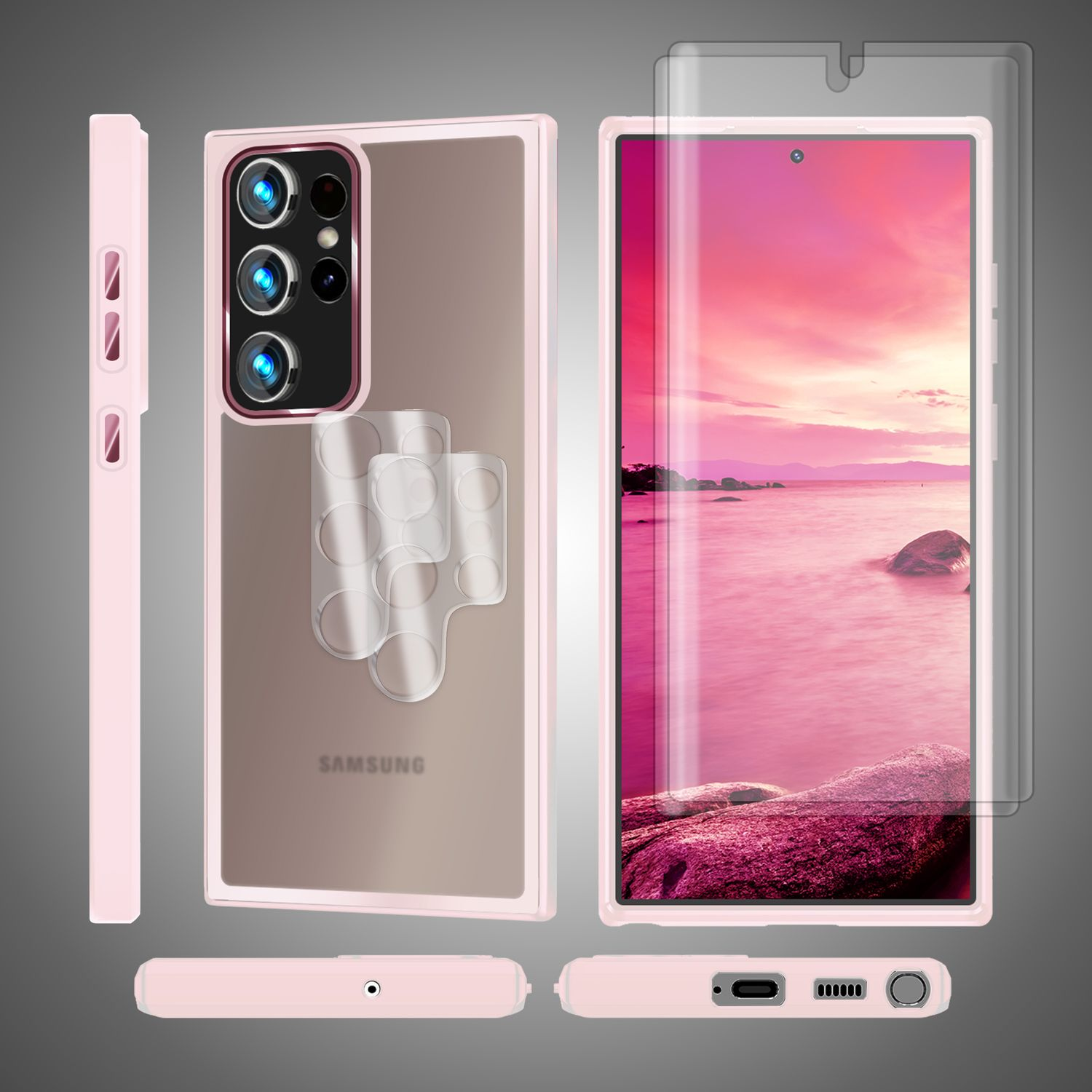 Pinke Handyhülle mit Telefon. Das Telefon hat einen Displayschutz.