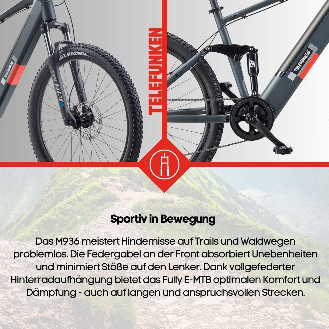 Graues und rotes Mountainbike mit Text über seine Leistung auf Trails und Waldwegen.