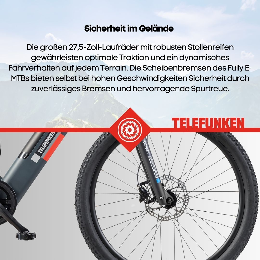 Elektrisches Mountainbike mit Text 'Telefunken' und roter Bremsscheibe.