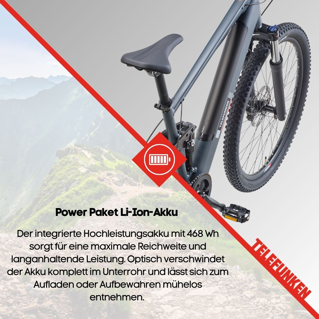 Graues Elektrofahrrad mit Akku. Rote Grafik hebt Akku hervor. Text von Telefunken.