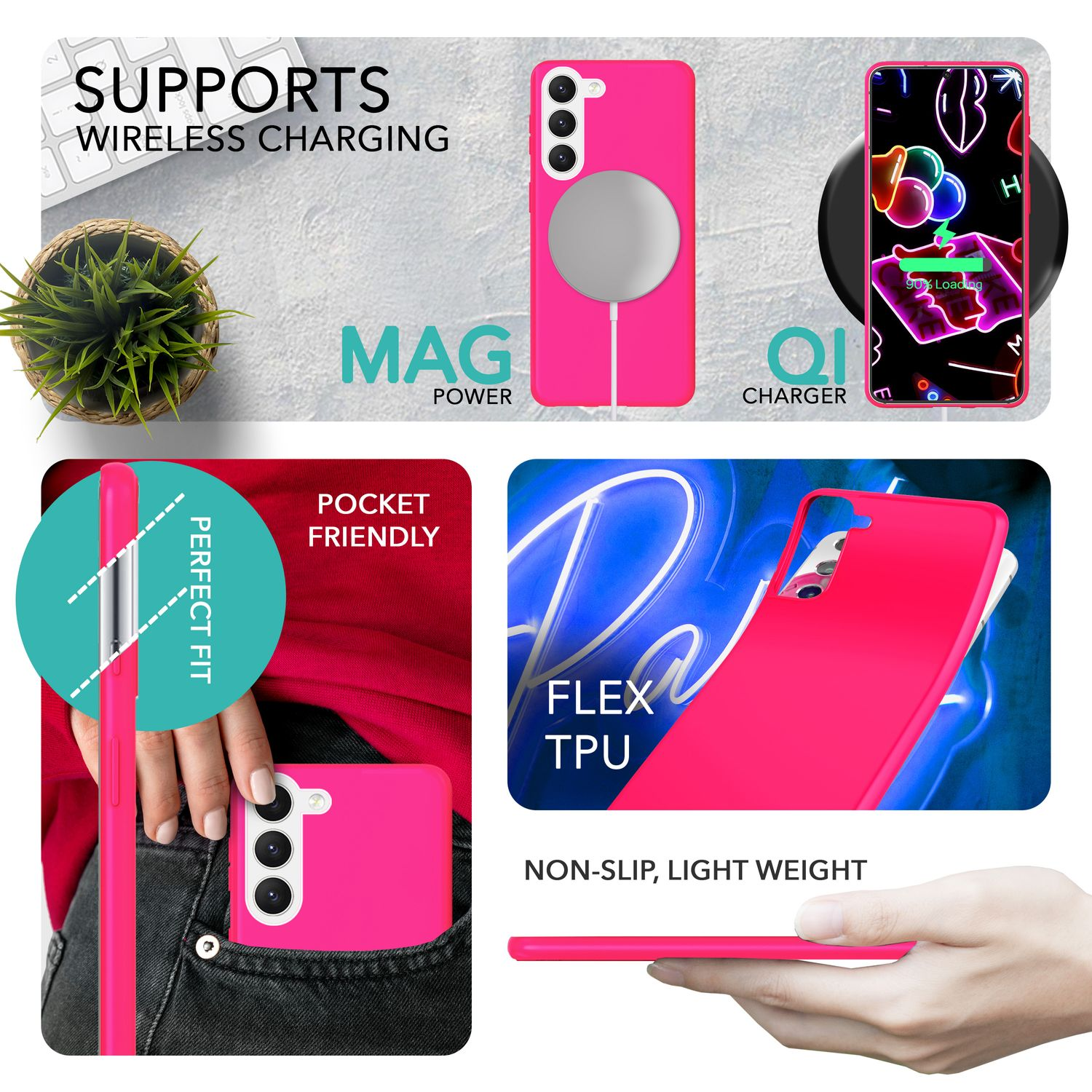 Eine rosa Handyhülle mit MagPower- und Qi-Lademerkmale. Die Hülle ist taschenfreundlich und Flex-TPU.