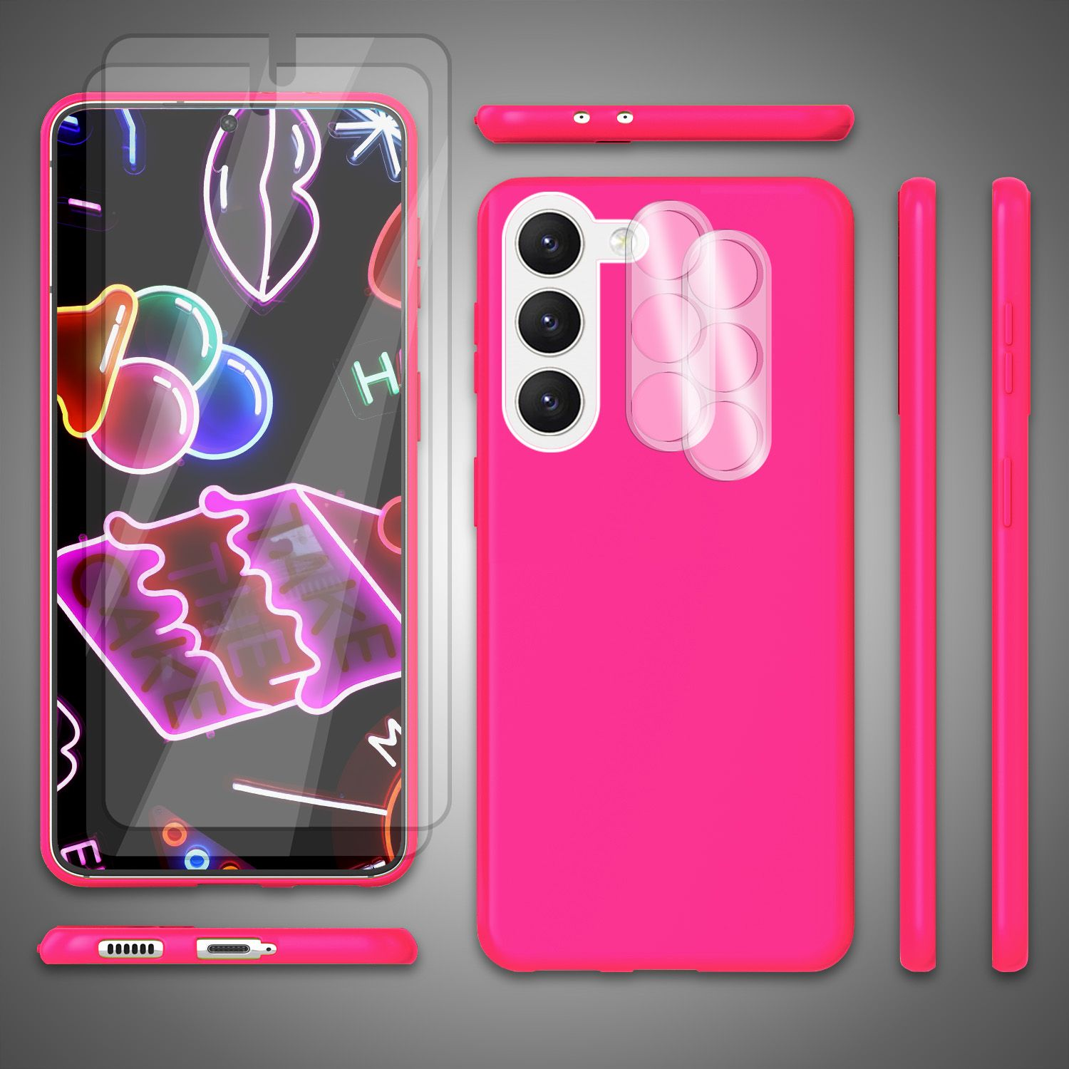 Rosa Handyhülle und Displayschutzfolie, mit Handy-Elementen.